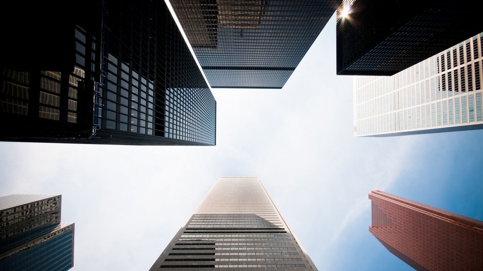 directly below, no people, glass - material, 1080P, built structure, outdoors, sunlight, sky, rise, buildings, low angle view, low, building exterior, HD Wallpaper