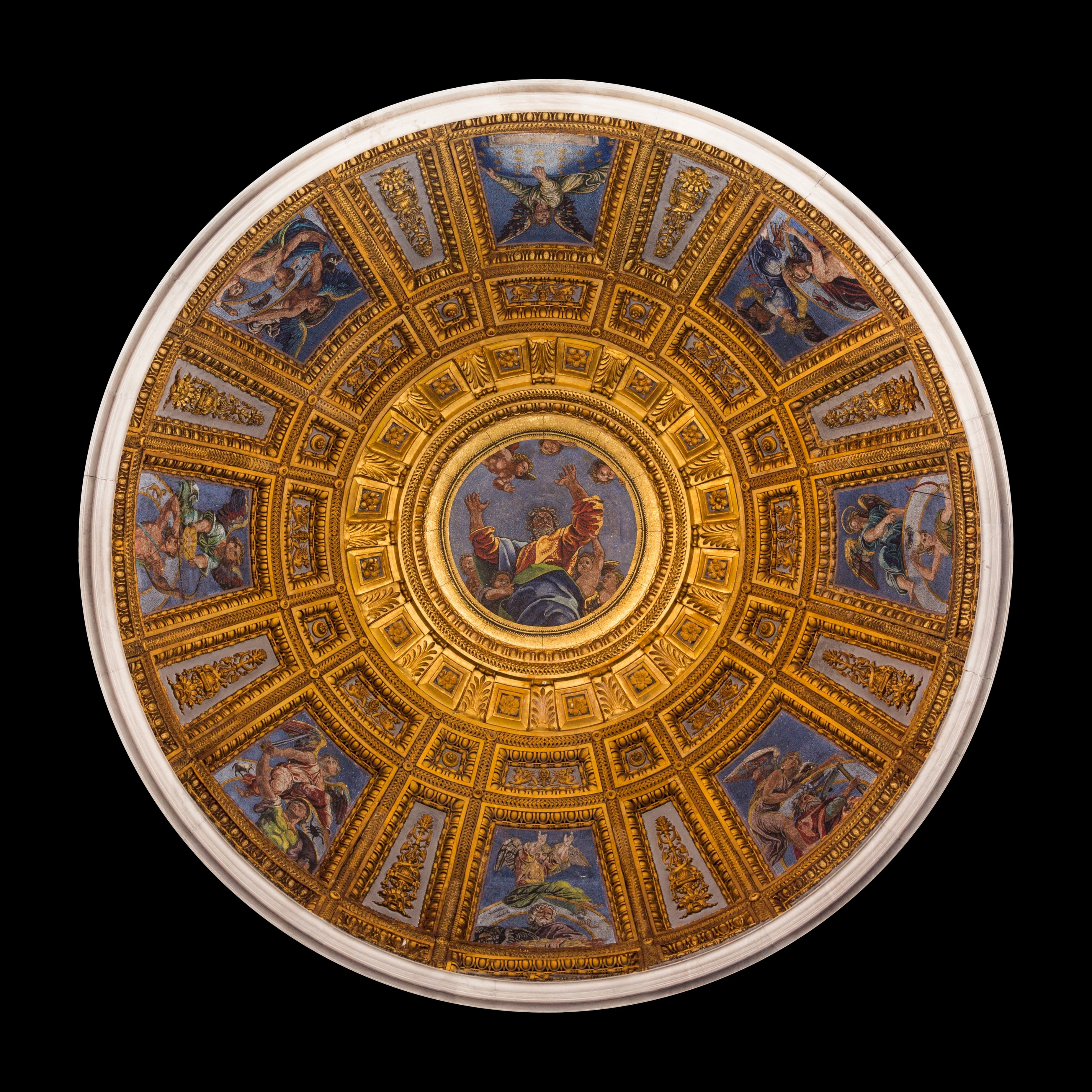 architecture, white, raphael cartoon, cupola, pattern, neoplatonist, ornate, mosaics, blue, indoors, decoration, 2K, art, creation, creativity, luigi da pace, Phone HD Wallpaper