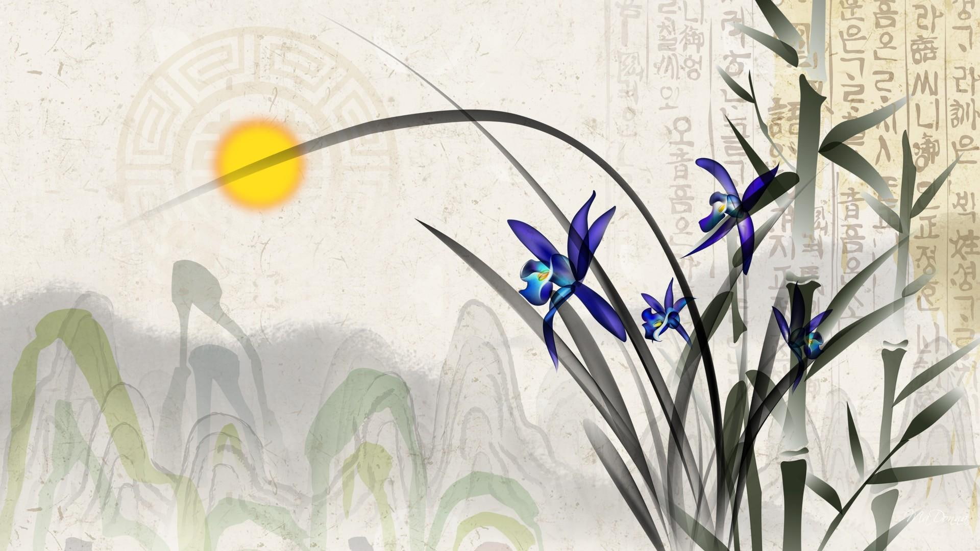 firefox persona, iris, abstract, bamboo, 3d and abstract, 1080P, purple, blue, flower, orient, oriental, mountains, HD Wallpaper