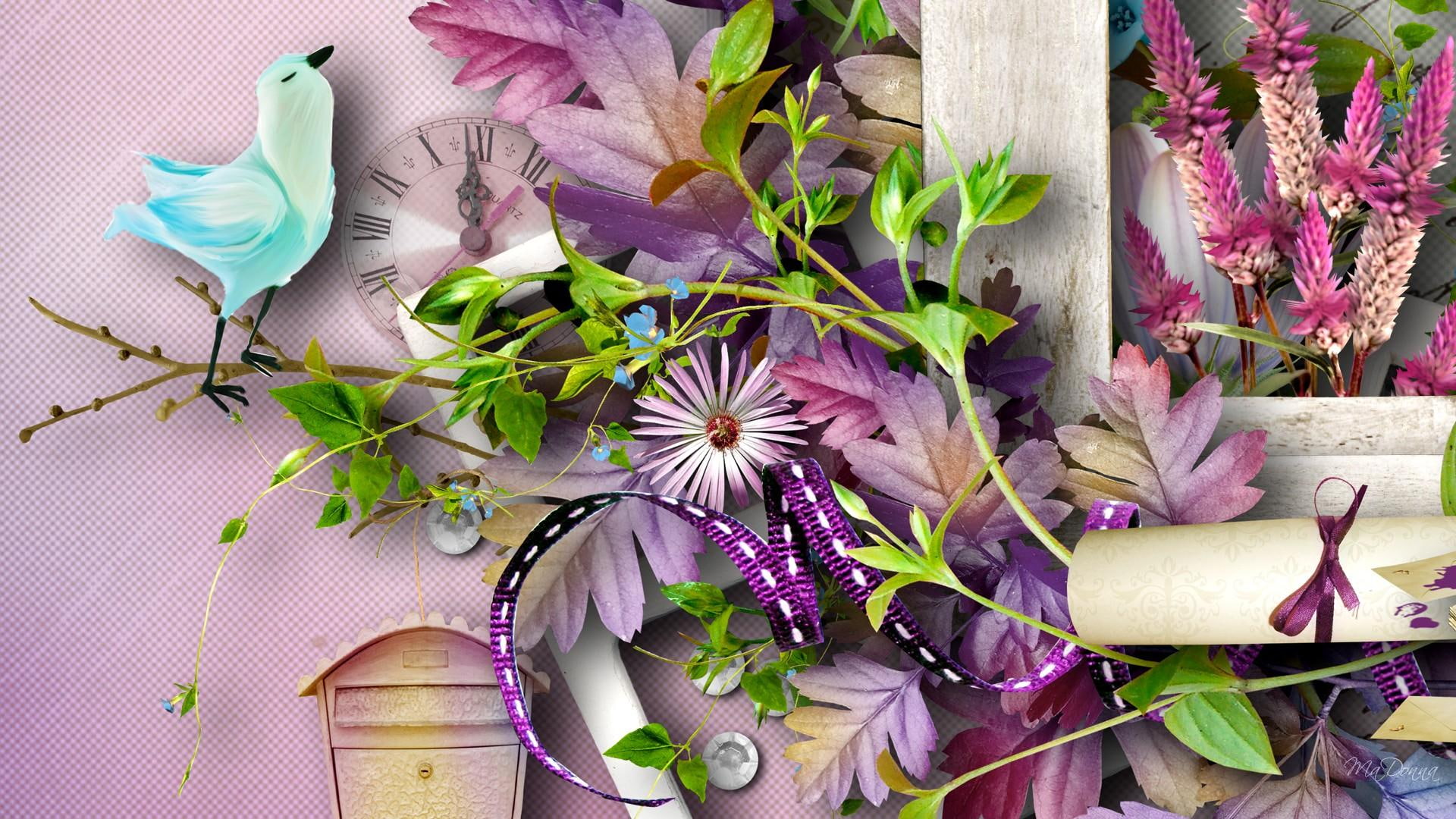 leaves, firefox persona, 3d and, purple, flowers, 1080P, bird, ribbons, summer, clock, wood, specials, lavender, papers, HD Wallpaper