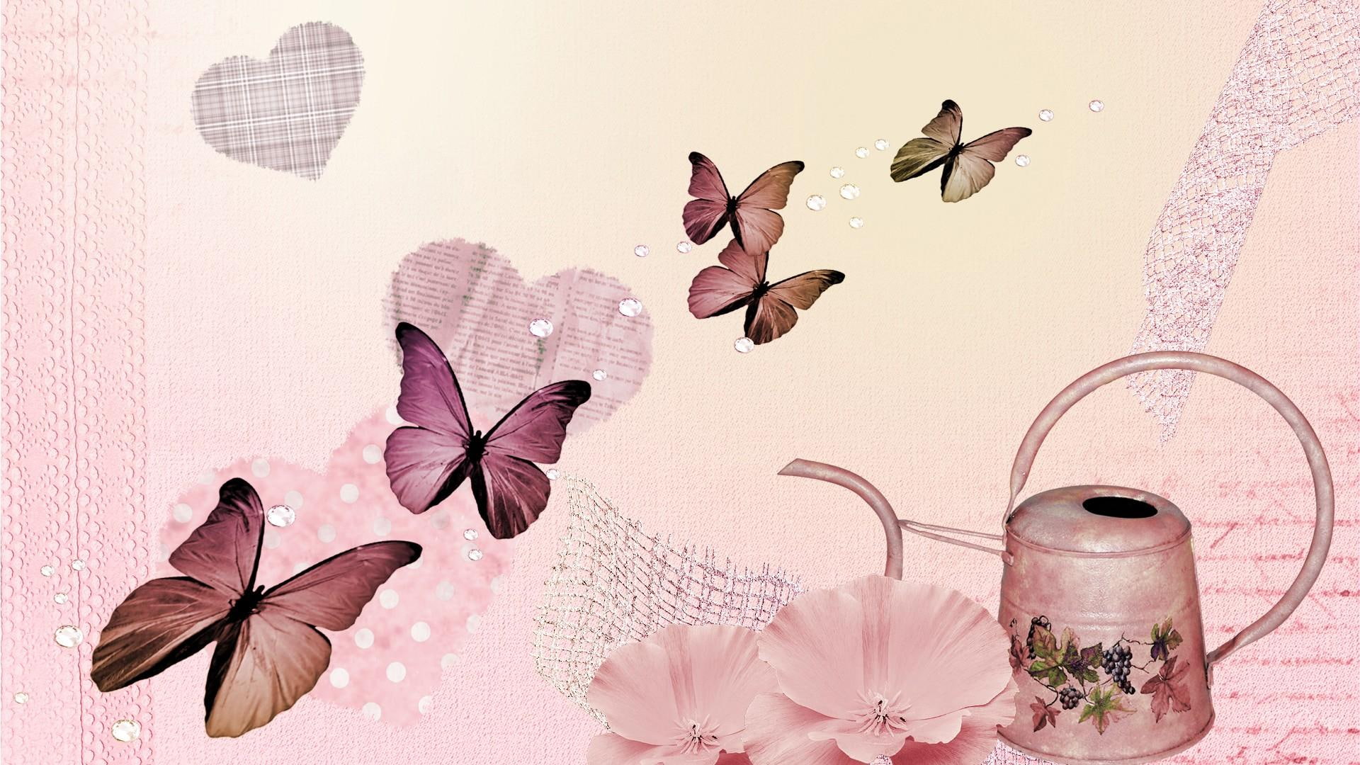 butterflies, watering can, lace, things, 1080P, firefox persona, summer, flowers, 3d and abstract, heart, HD Wallpaper