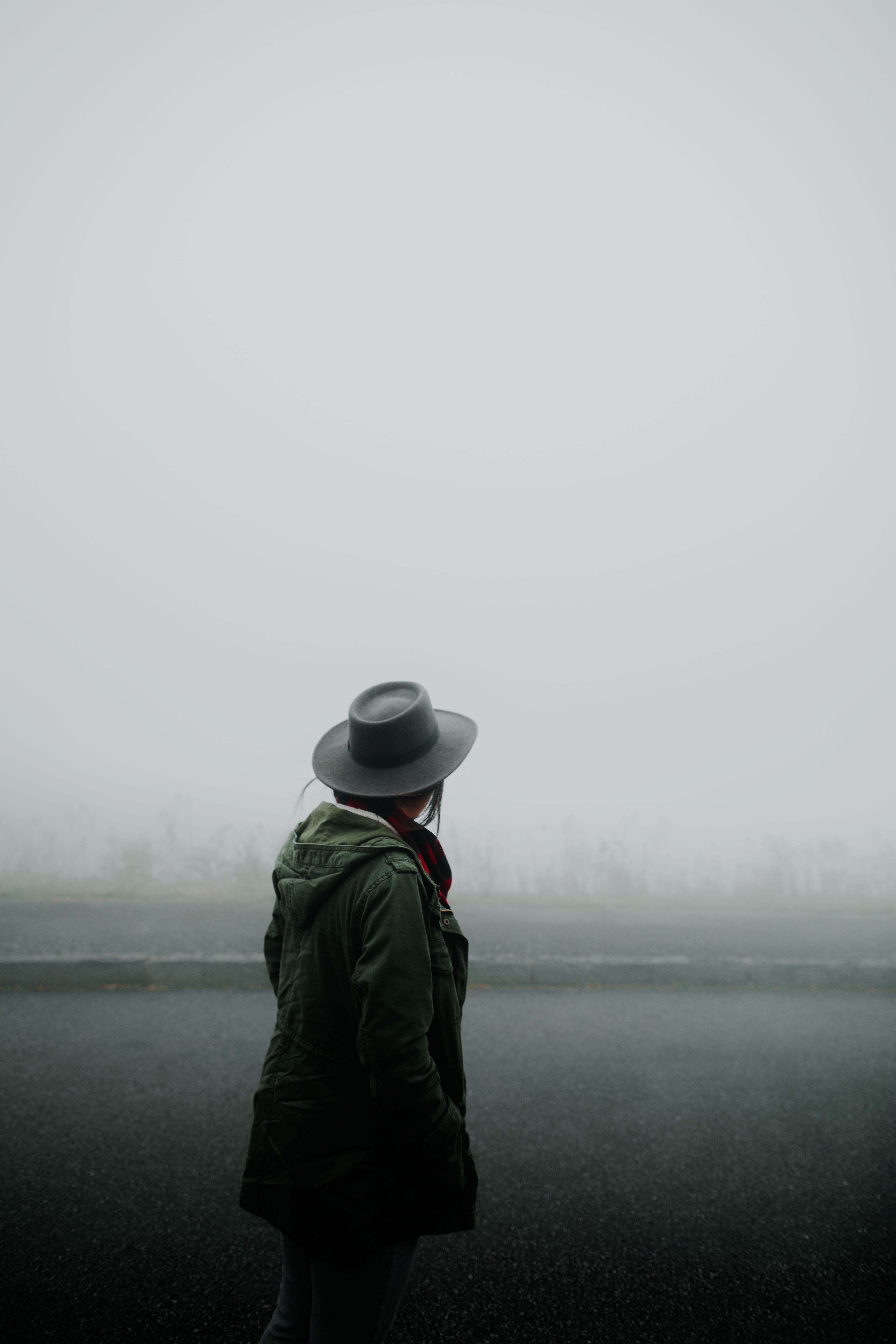 rain, floor, mist, standing, foggy, 5K, covered, person, photo, water, leisure activity, three quarter length, fog, looking at view, sky, one person, copy space, Phone HD Wallpaper