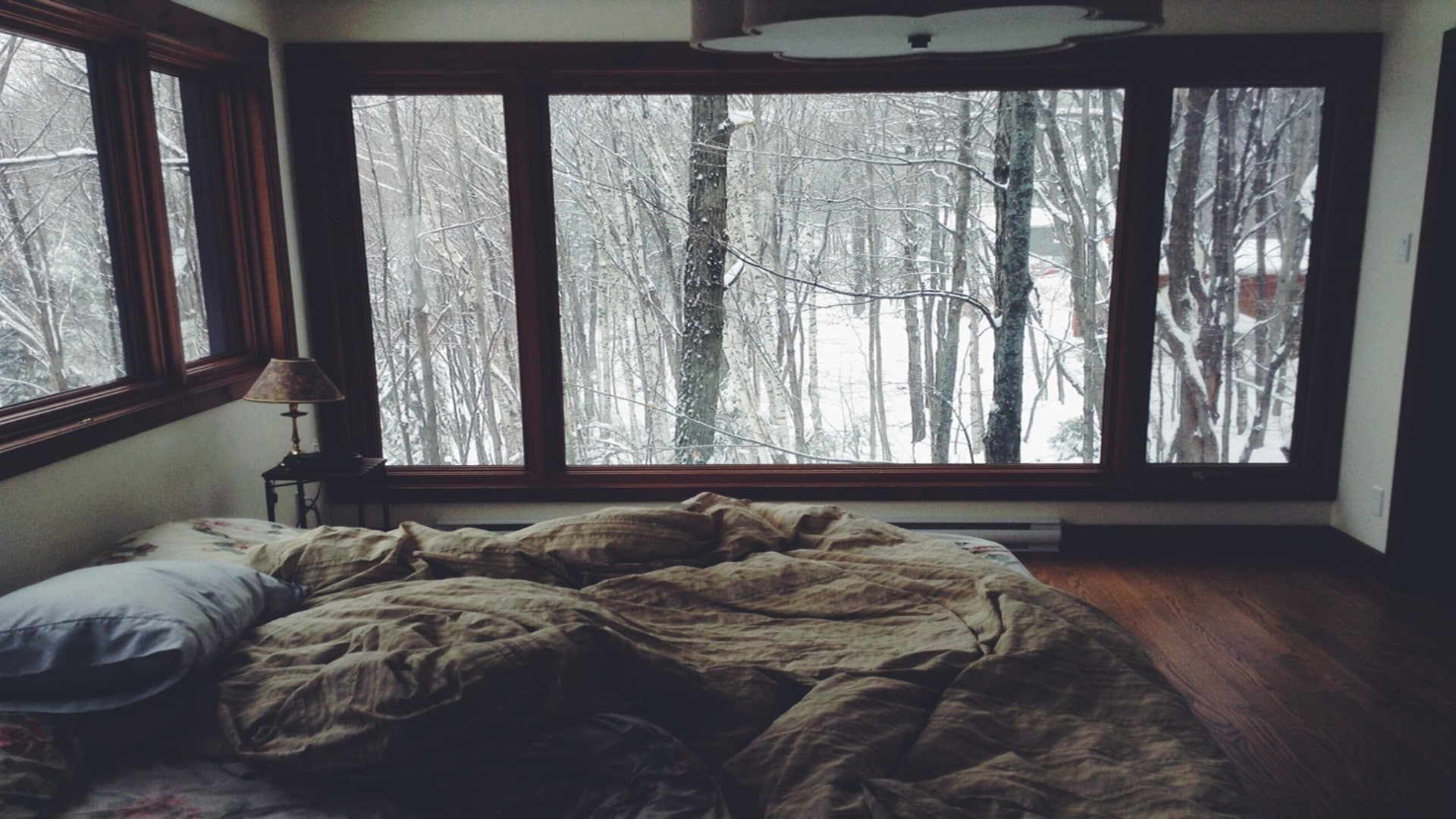 pillow, room, forest, window, trees, 1080P, bed, winter, HD Wallpaper