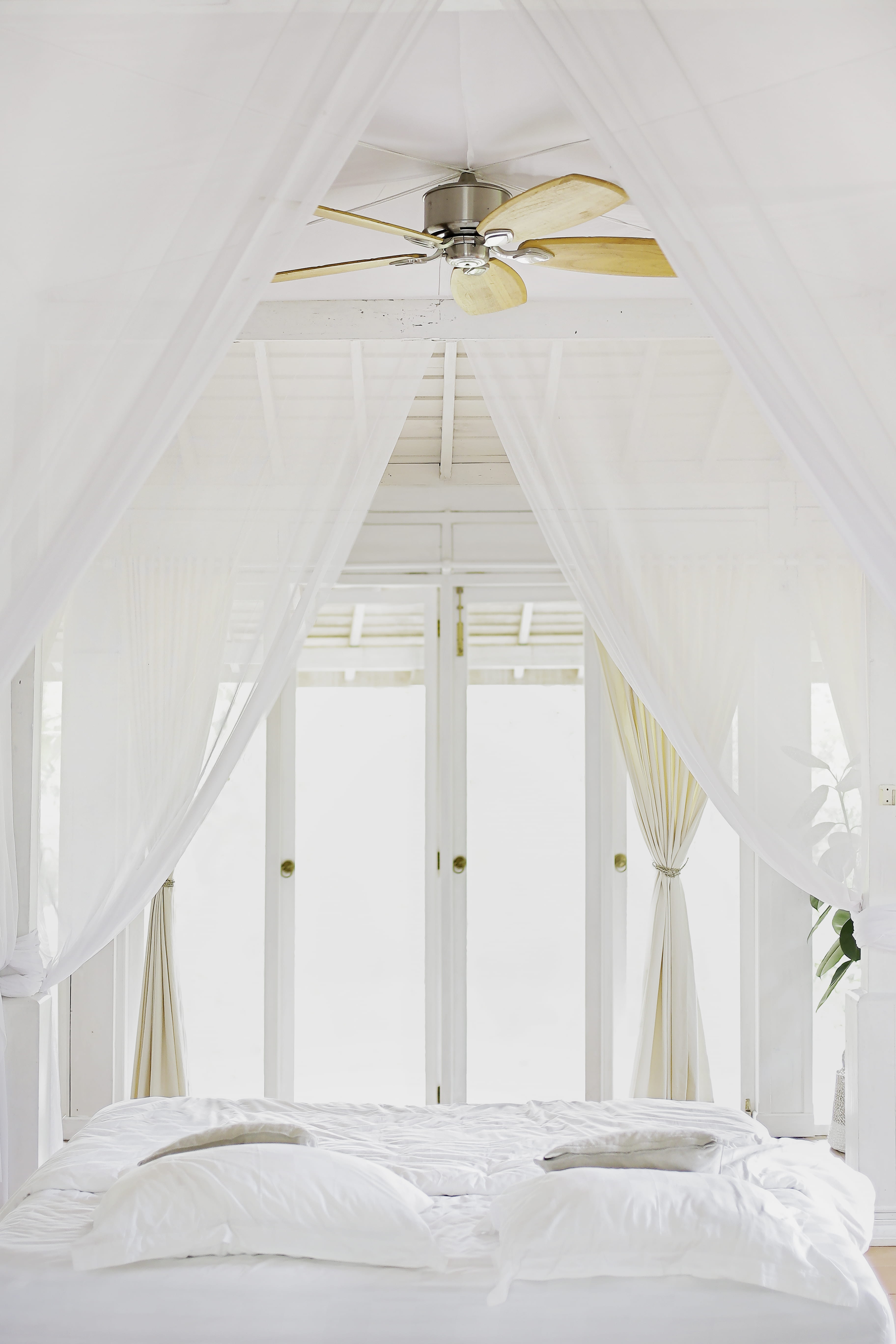white color, door, architecture, day, luxury, home interior, glass, window, furniture, white, 5K, indoors, fan, built structure, curtain, sheet, bedroom, Phone HD Wallpaper