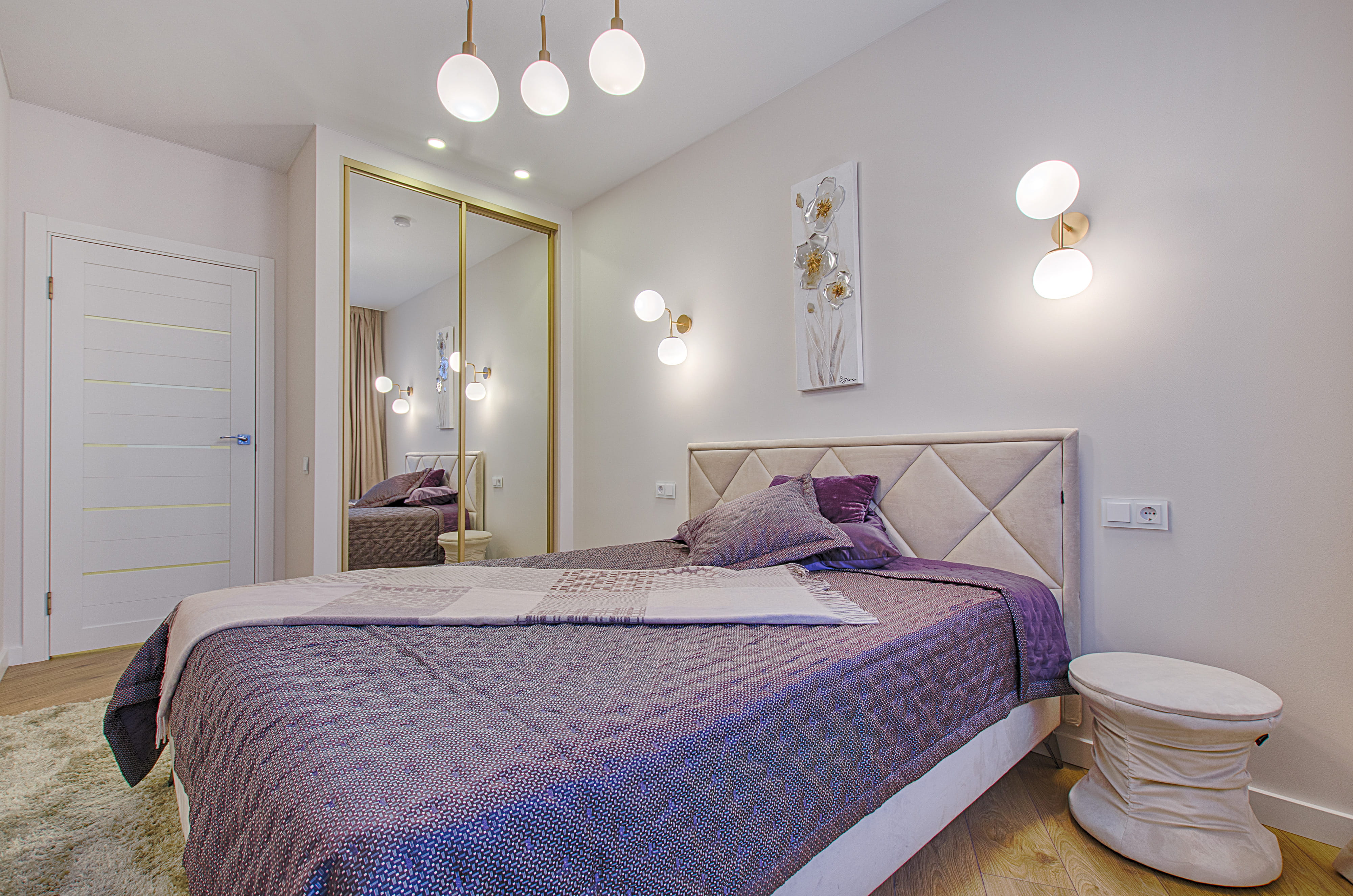 4K, domestic room, wealth, hotel, side table, bed, interior, color, rug, furniture, lighting equipment, home interior, modern, cushion, blanket, ceiling, HD Wallpaper