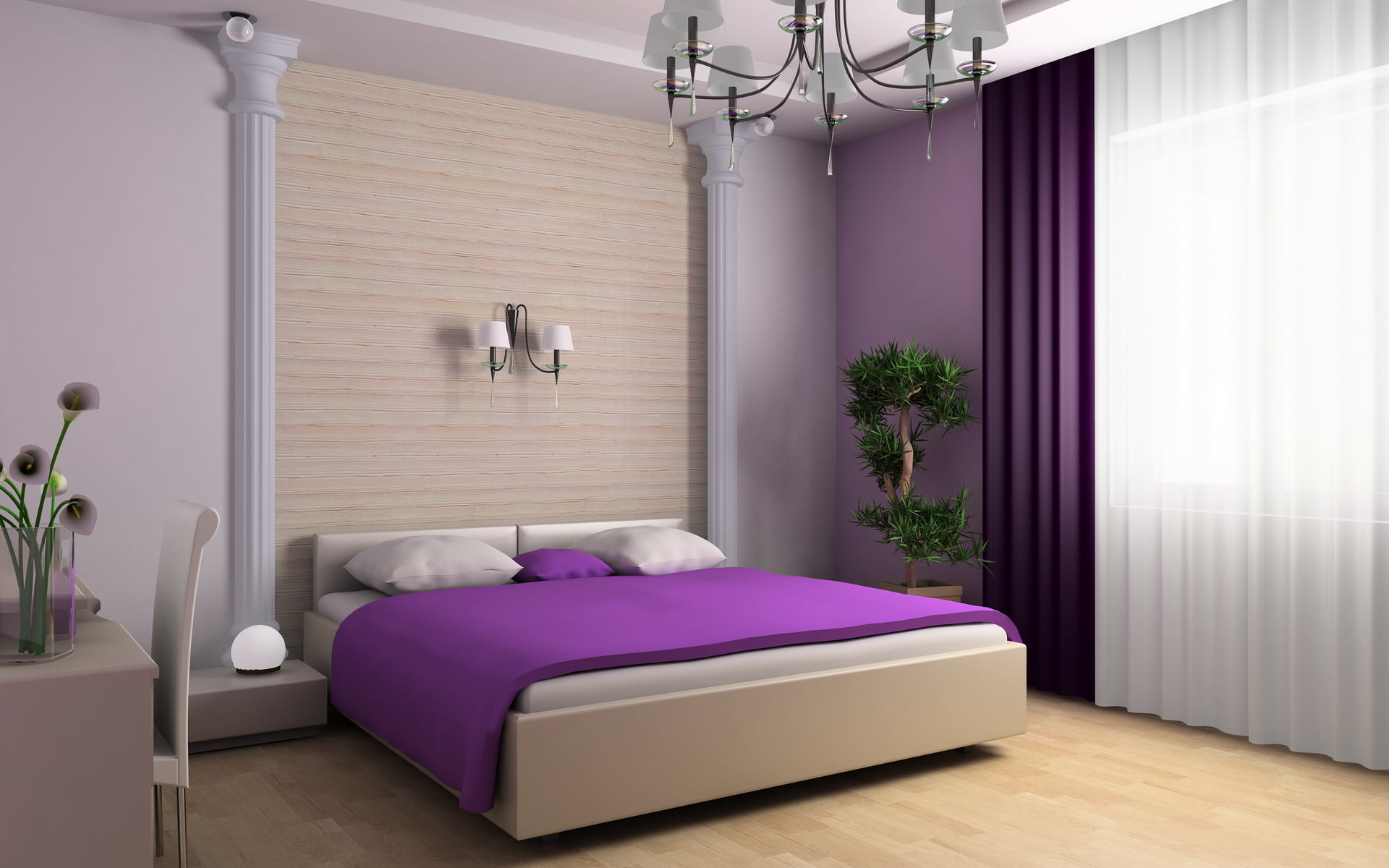comfortable, style, decor, bedroom, curtain, home, residential District, apartment, flowers, purple, luxury, wood, design, 1080P, stuffed, flooring, room, HD Wallpaper