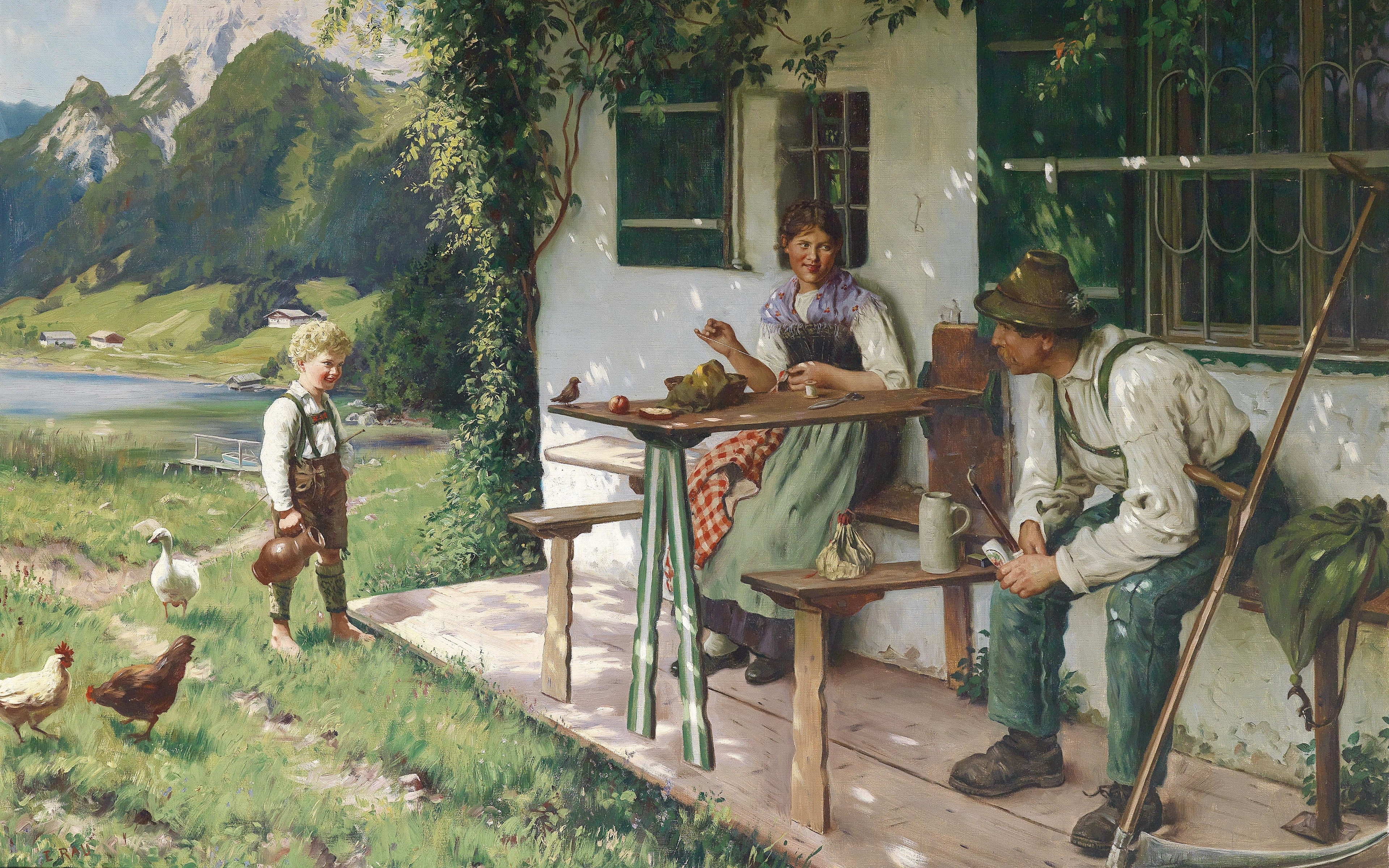 Emil Rau, 1937, 4K, German painter, Summer day in front of the house, Summer house in front of the house, HD Wallpaper