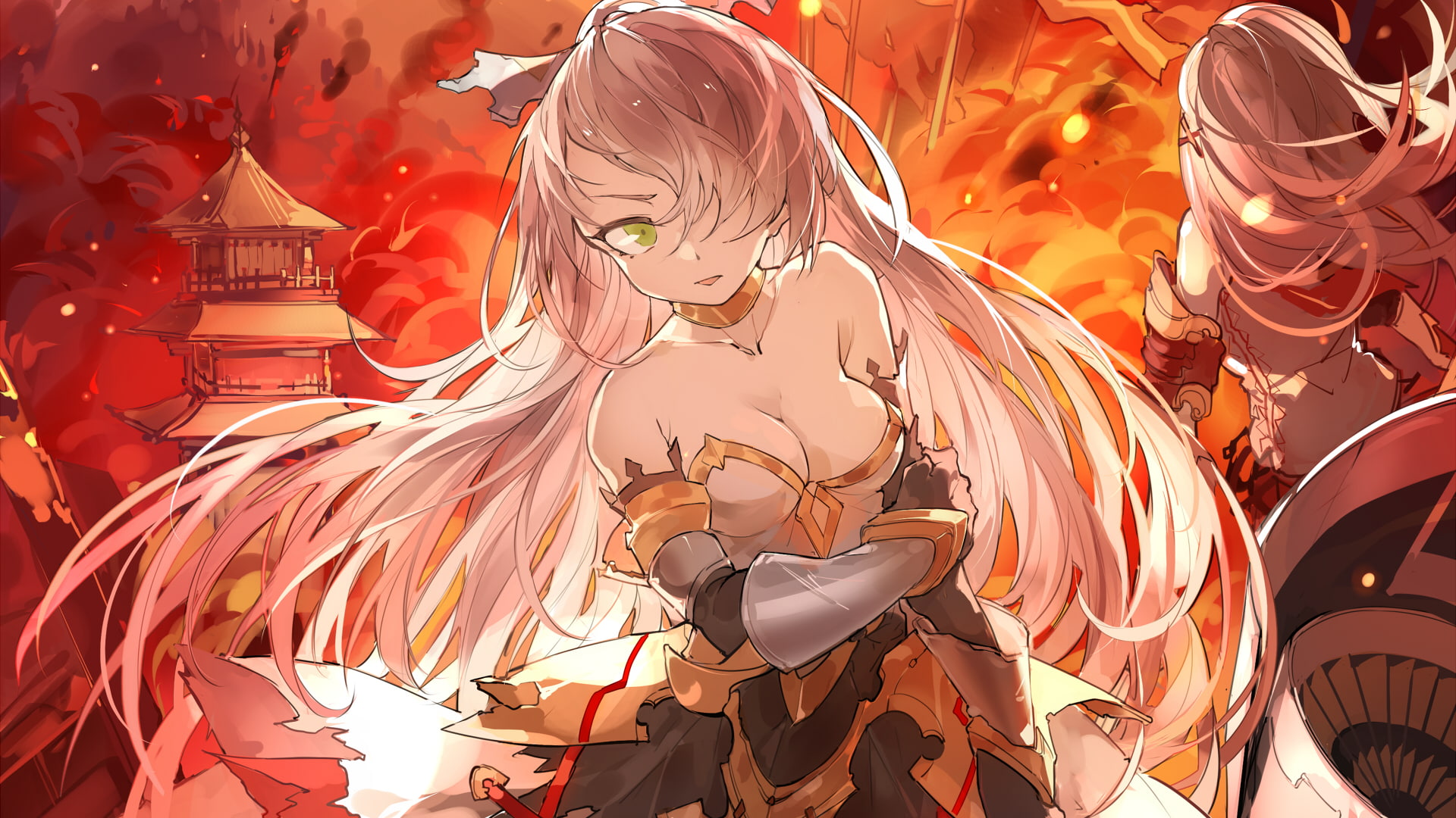 shield, nature, real people, group of people, bird, representation, blonde, illuminated, lifestyles, creativity, red flame, art and craft, anime girls, HD Wallpaper
