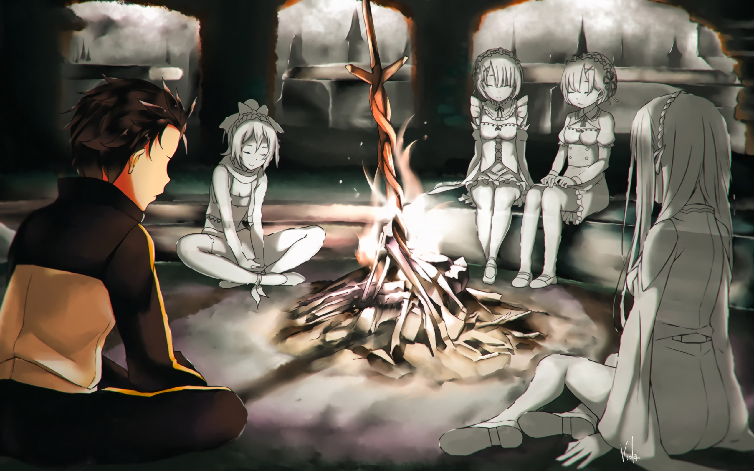 Felt (Re:Zero), Emilia (Re: Zero), Natsuki Subaru, crossover, Dark Souls, Ram (Re: Zero), 2K, Rem (Re: Zero), bonfires, Re:Zero Kara Hajimeru Isekai Seikatsu, HD Wallpaper