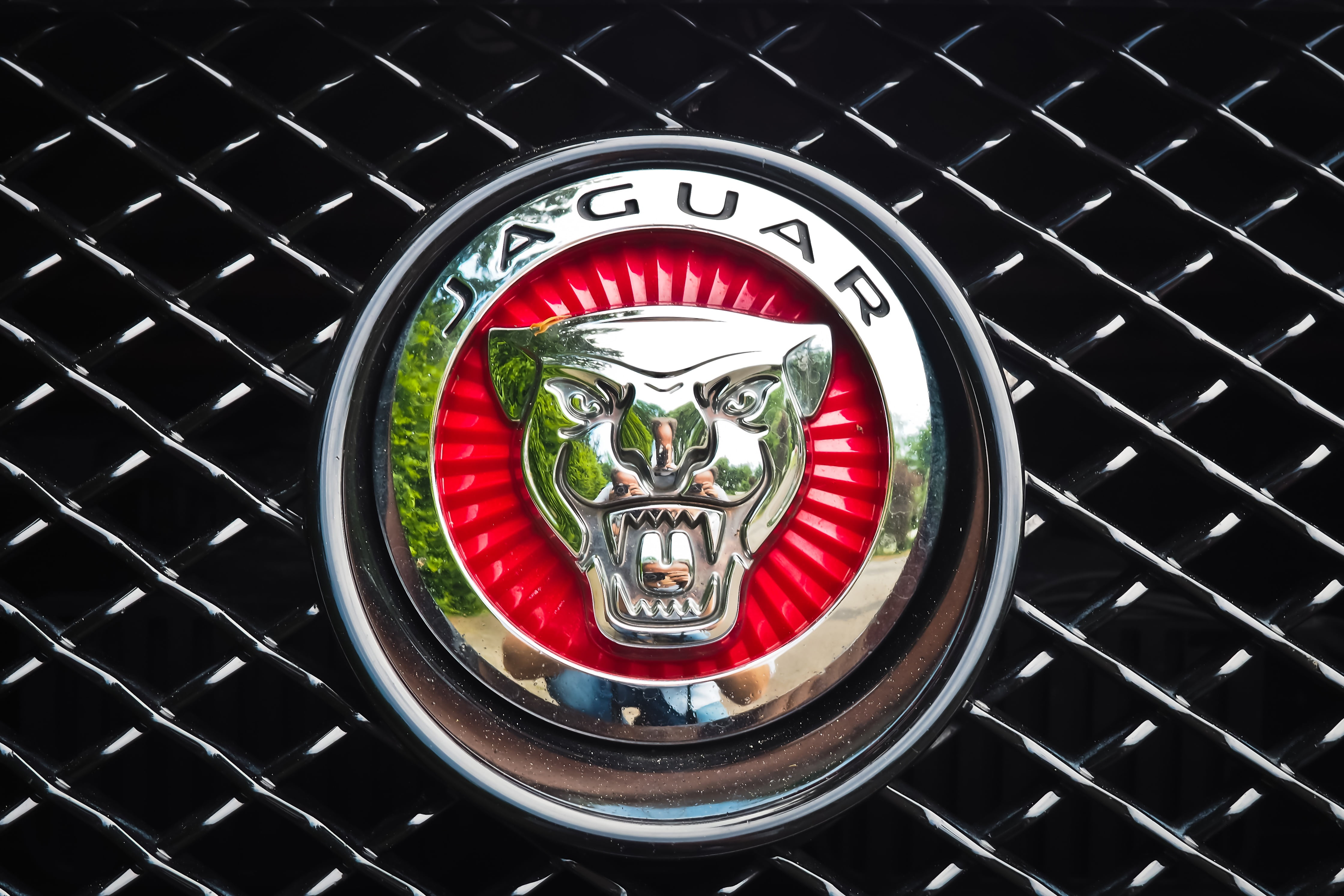 chrome, emblem, still life, red, nobel, shape, metal, nobel body, circle, 4K, silver, food and drink, jaguar, metallic, pattern, indoors, backgrounds, HD Wallpaper