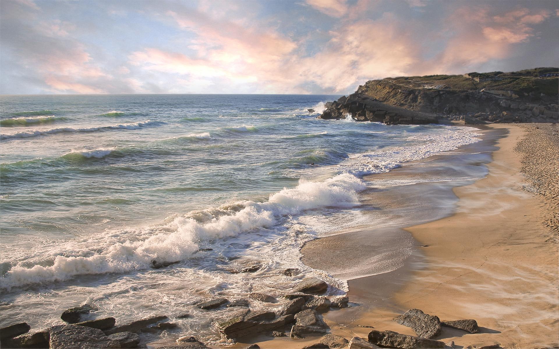 shore, waves, pink, coast, nature and landscapes, pastel, 1080P, HD Wallpaper