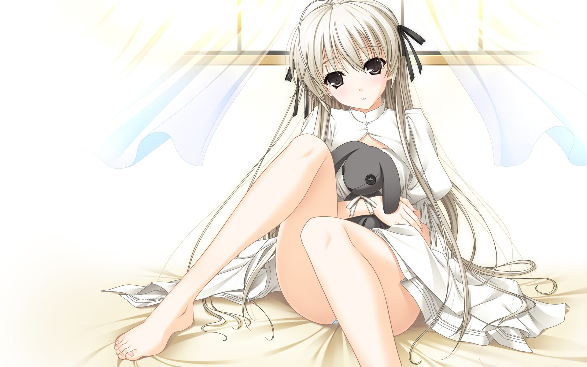 art, hd, cute, love, stuffed animal, bunny, long hair, anime girl, 1080P, anime, girl, HD Wallpaper
