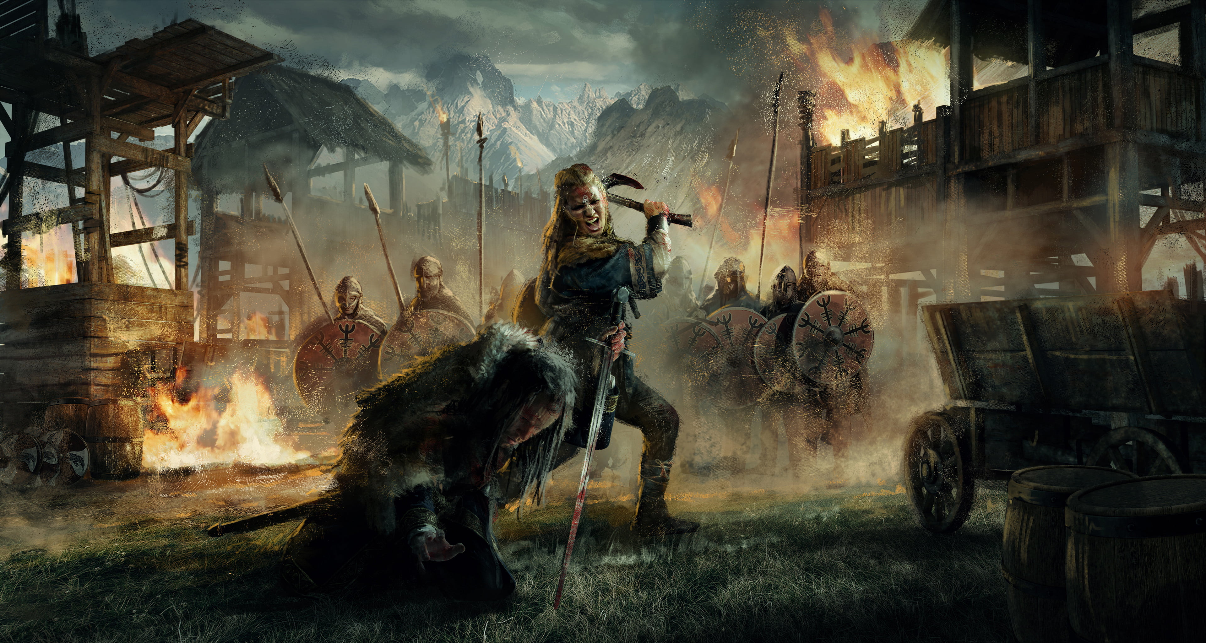 ArtStation, warrior girls, fire, Assassins Creed, fan art, warrior, 4K, digital art, Imad Awan, war, blood, Assassins Creed: Valhalla, Lagertha, women, HD Wallpaper