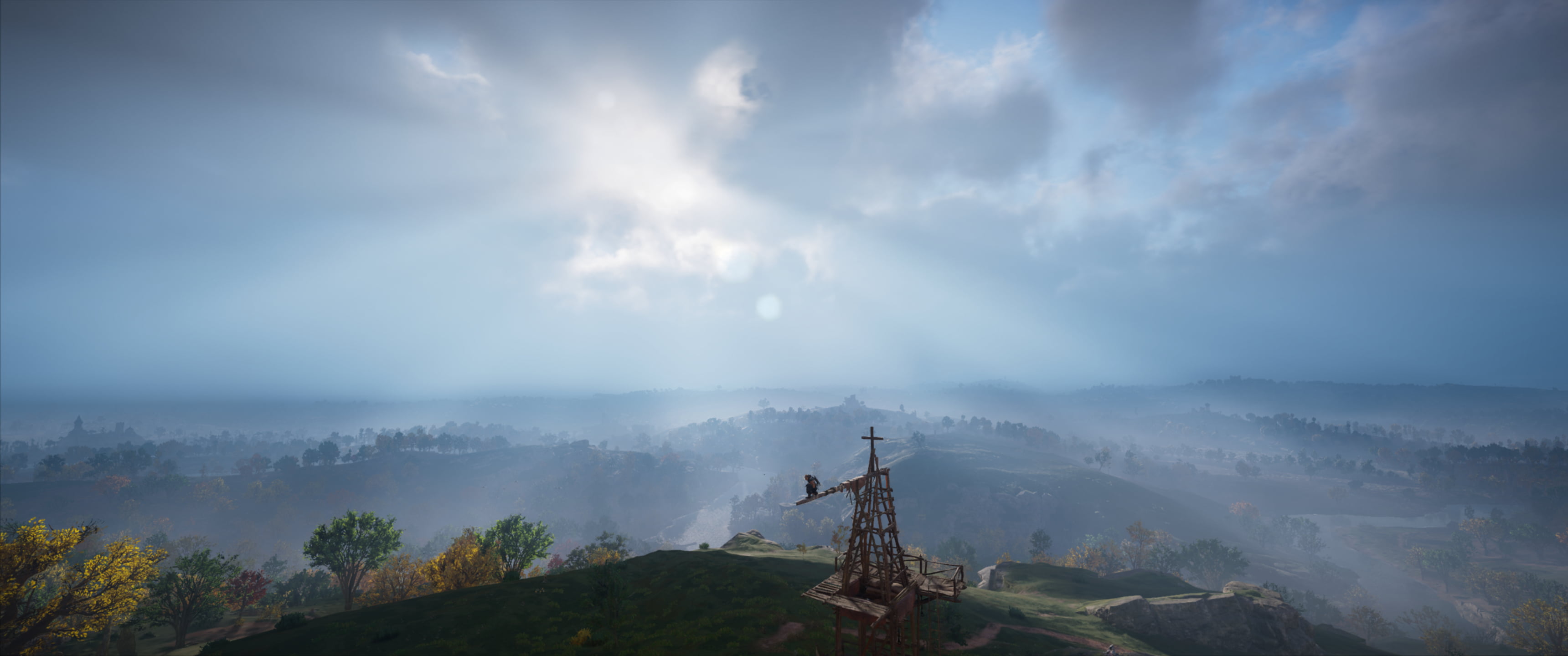 Assassins Creed: Valhalla, blue, yellow, Sun, 2K, clouds, flag, green, landscape, Assassins Creed, trees, structure, HD Wallpaper