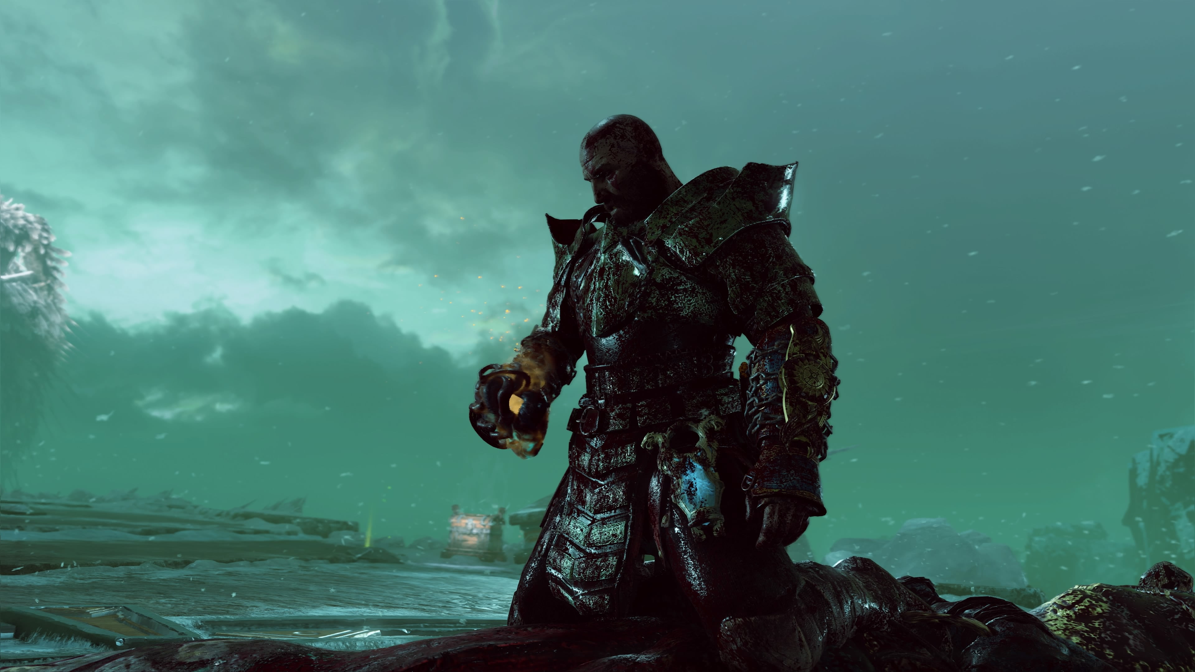 human representation, statue, outdoors, solid, rock, male likeness, representation, art and craft, God of War, water, no people, sea, nature, sky, dusk, HD Wallpaper