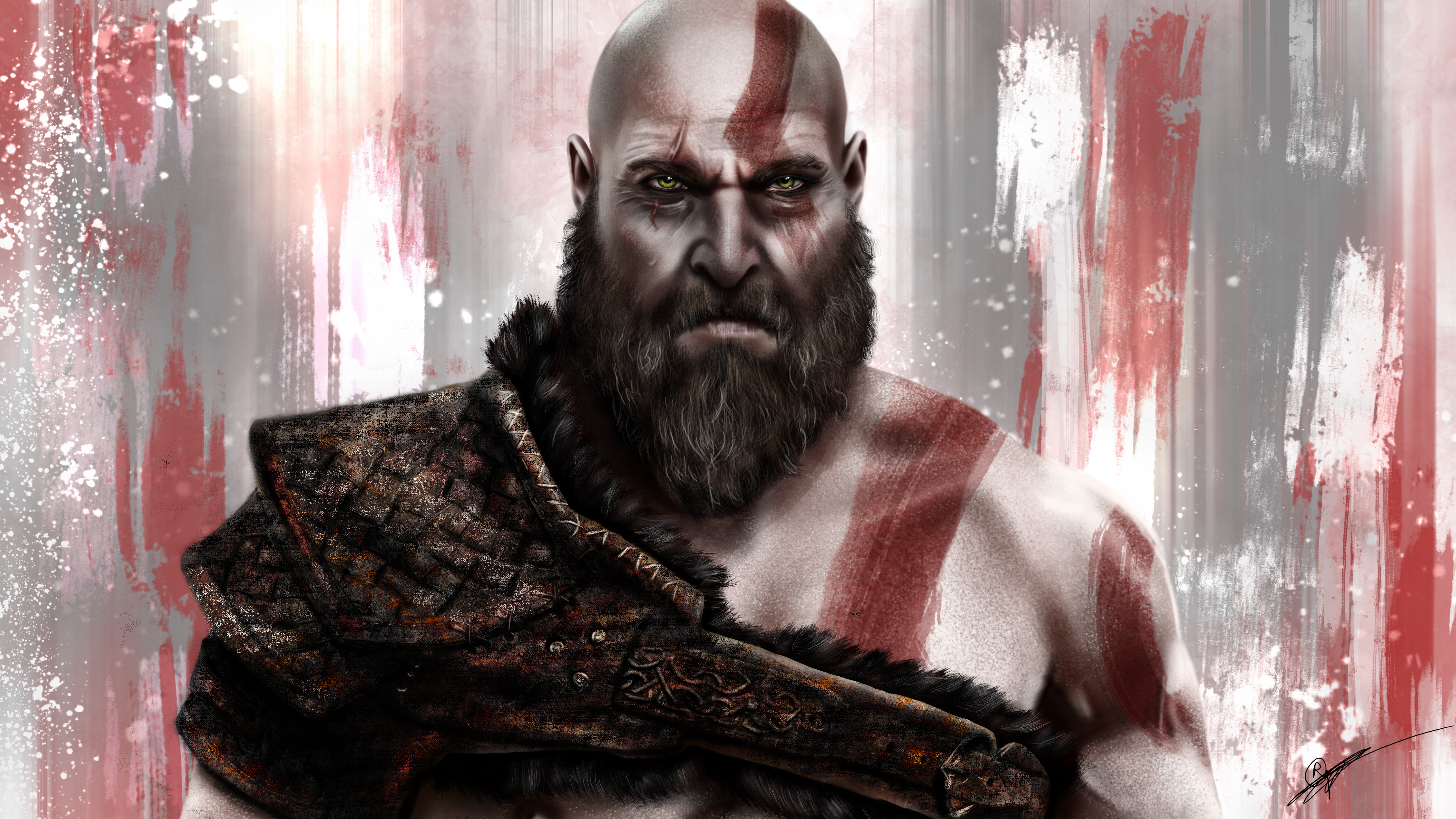 5k, bizarre, adult, games, kratos, god of war 4, clothing, looking at camera, males, hd, waist up, curtain, artwork, 4k, 8K, men, beard, one person, artist, HD Wallpaper