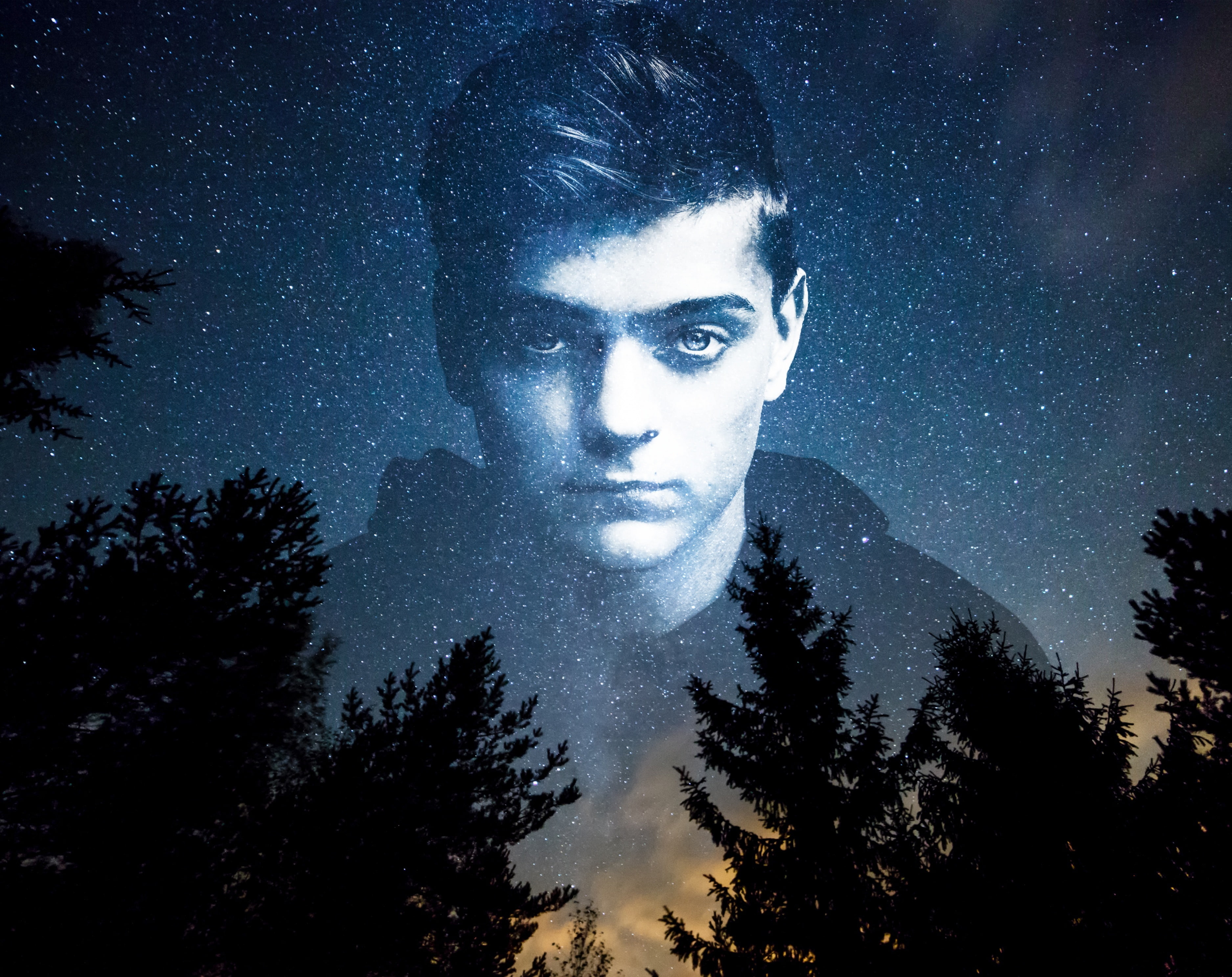 astronomy, scenics - nature, star, tree, portrait, silhouette, tranquil scene, 2K, martin garrix, looking at camera, digital composite, young adult, edm, HD Wallpaper
