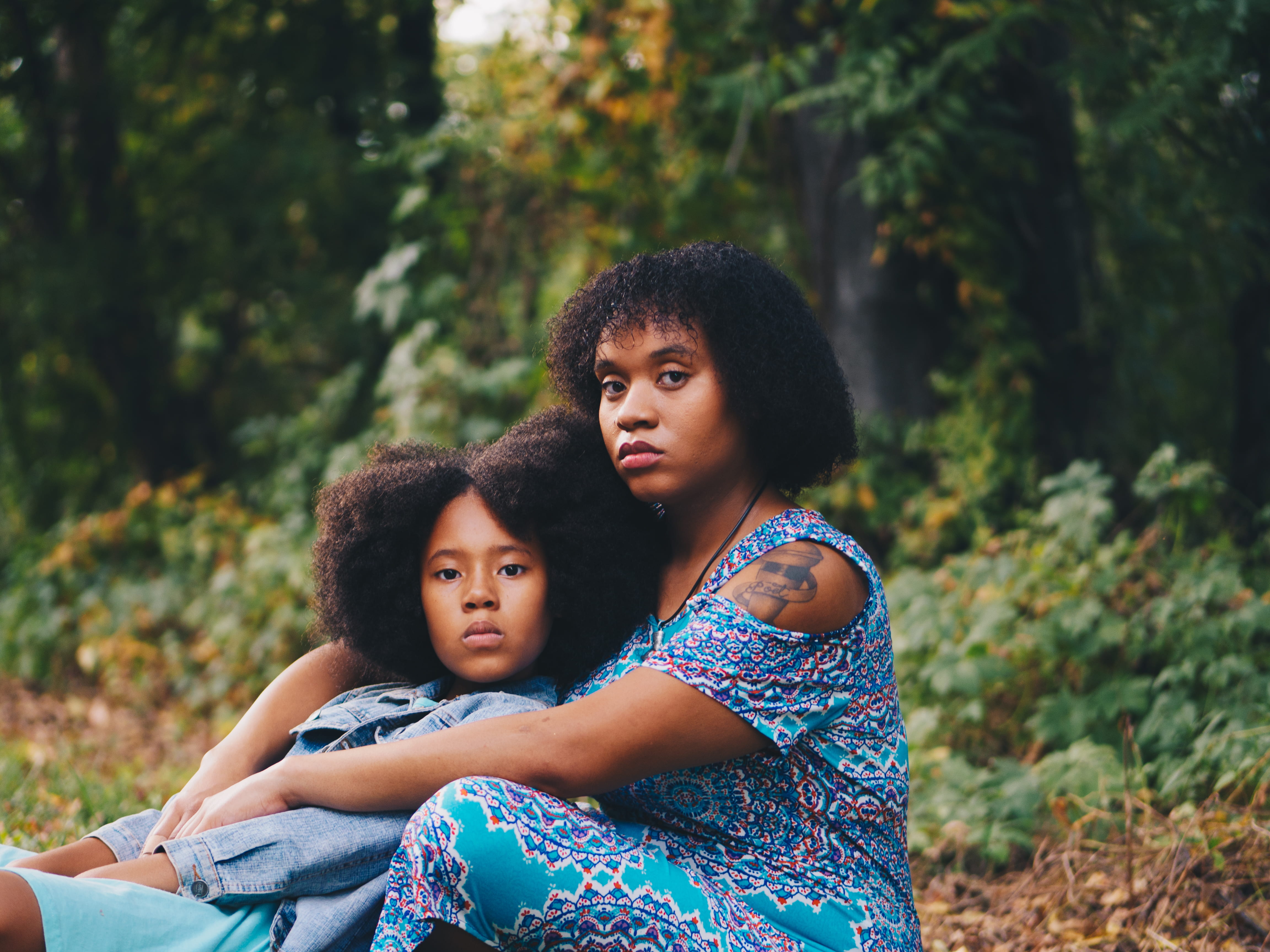 beside, females, looking at camera, front, curly hair, curlie, african american girl, african american, blue, portrait, child, innocence, daughter, real people, HD Wallpaper