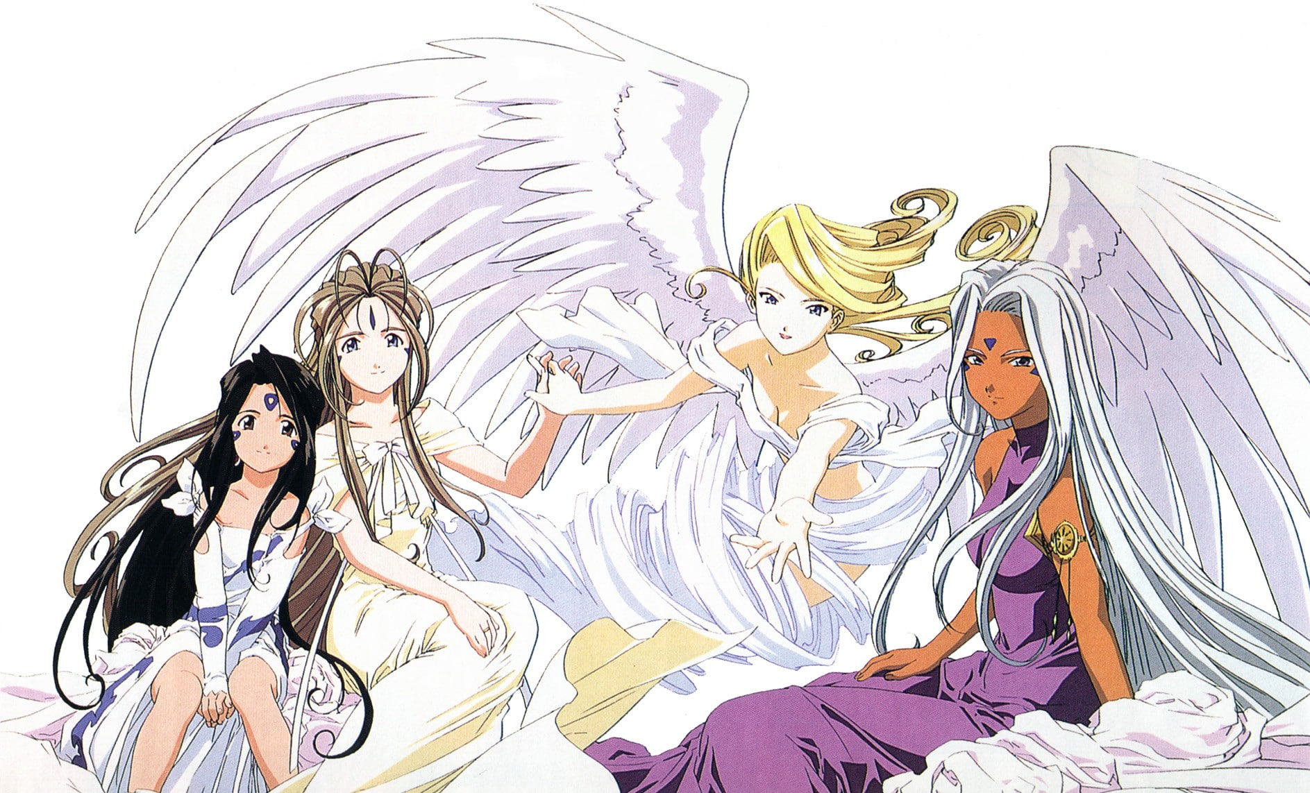 Urd, Ah! My Goddess!, representation, female likeness, three quarter length, women, group of people, people, young women, indoors, mural, Belldandy, anime girls, HD Wallpaper
