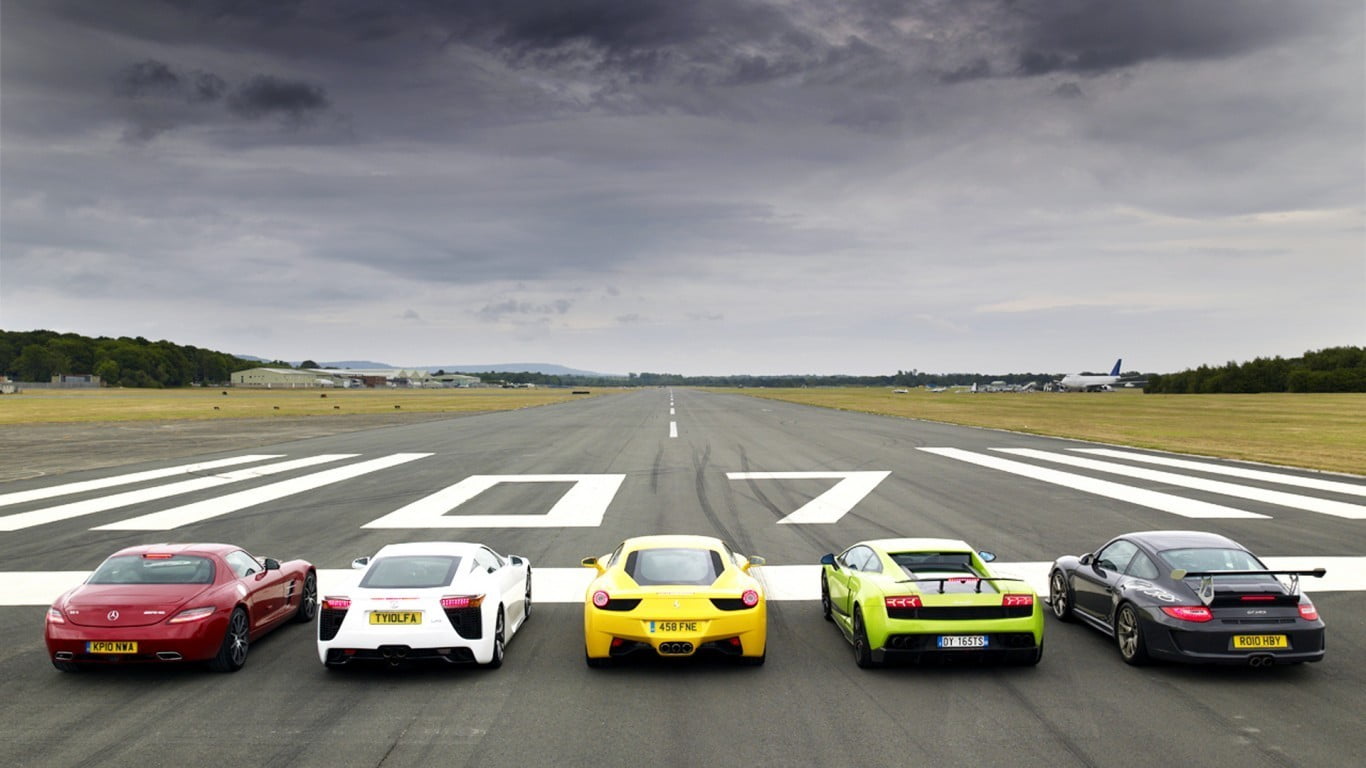 street, land vehicle, no people, yellow, car, transportation, outdoors, five, marking, green, cloud - sky, multiple lane highway, cars, white, nature, stock, HD Wallpaper