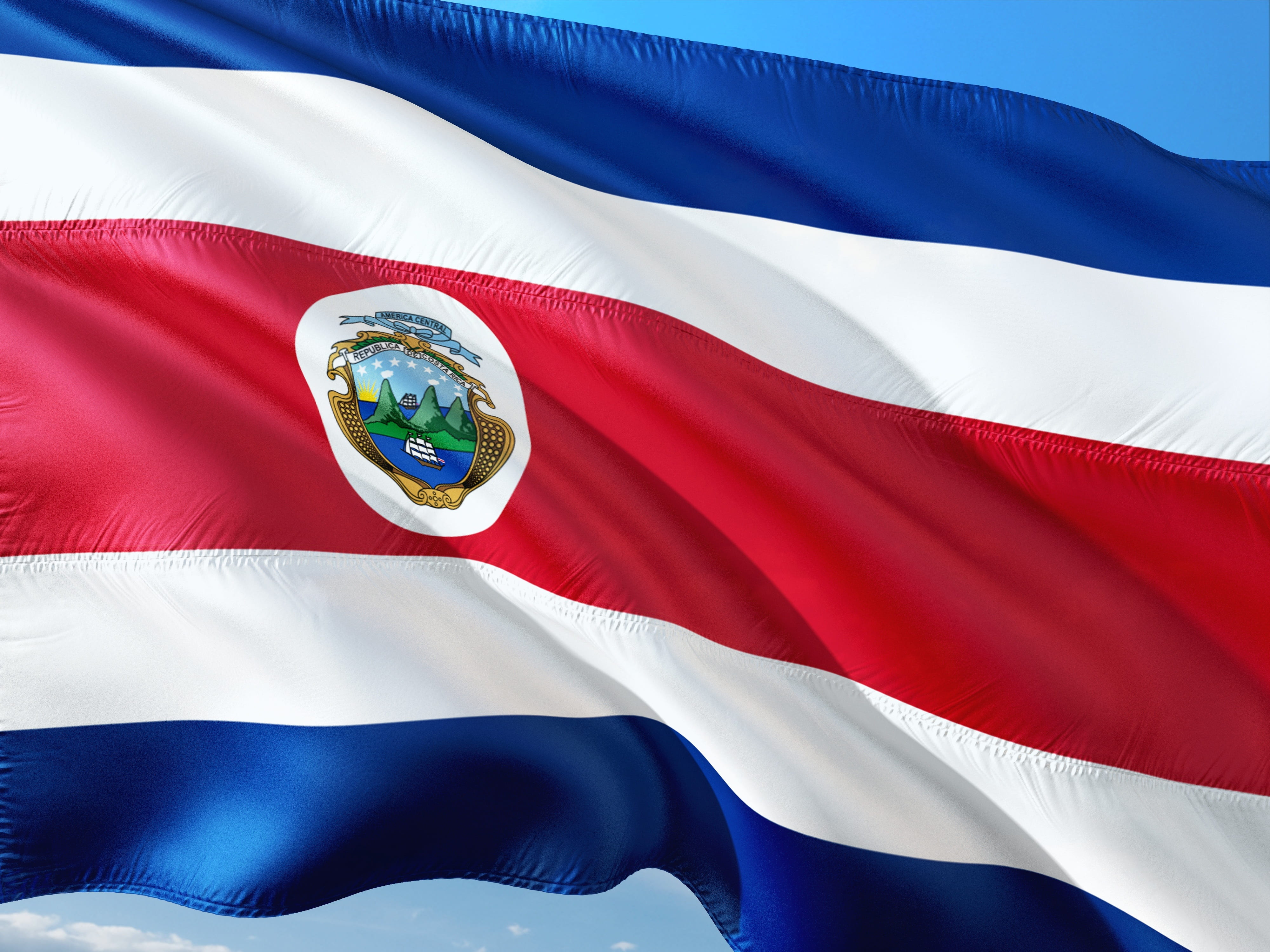 environment, maple leaf, costa rica, flag, no people, international, nature, pride, textile, white color, full frame, blue, white, 4K, close-up, wind, HD Wallpaper