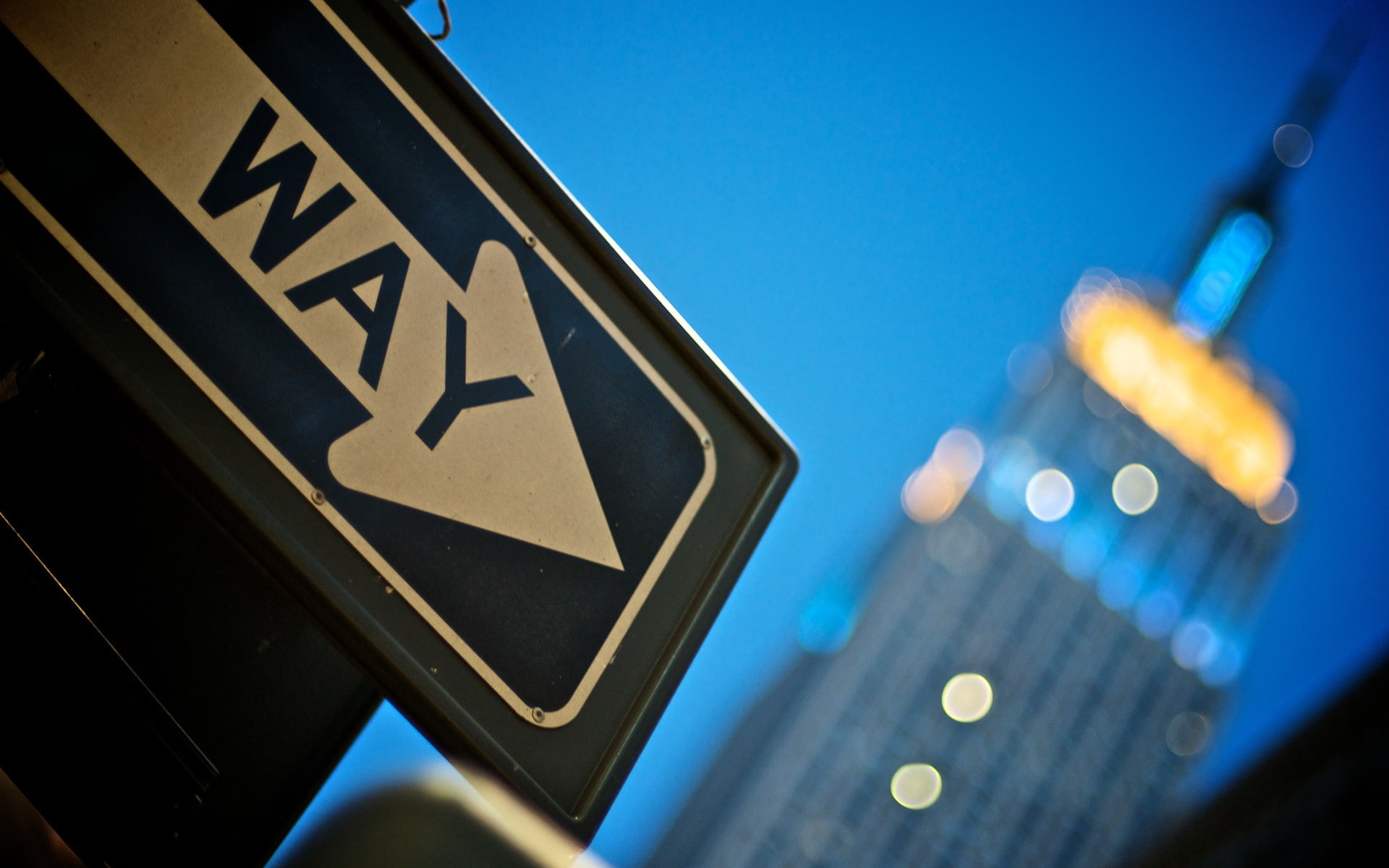 photography, skyscraper, Empire State Building, sky, low angle view, urban, illuminated, architecture, clear sky, cityscape, city, blue, symbol, road, directional sign, HD Wallpaper