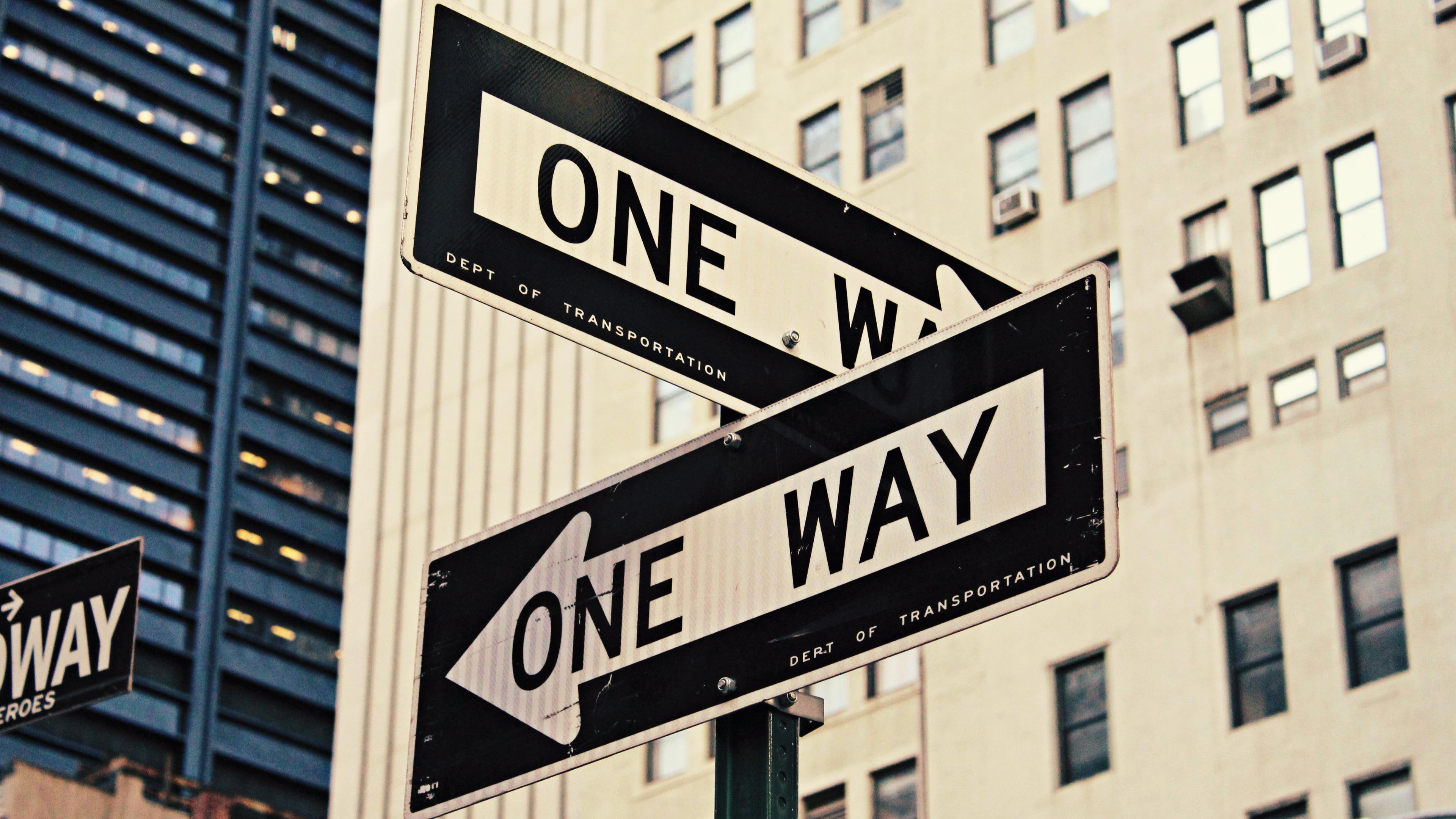 4K, arrow, downtown, urban, traffic, road, street sign, one way, HD Wallpaper