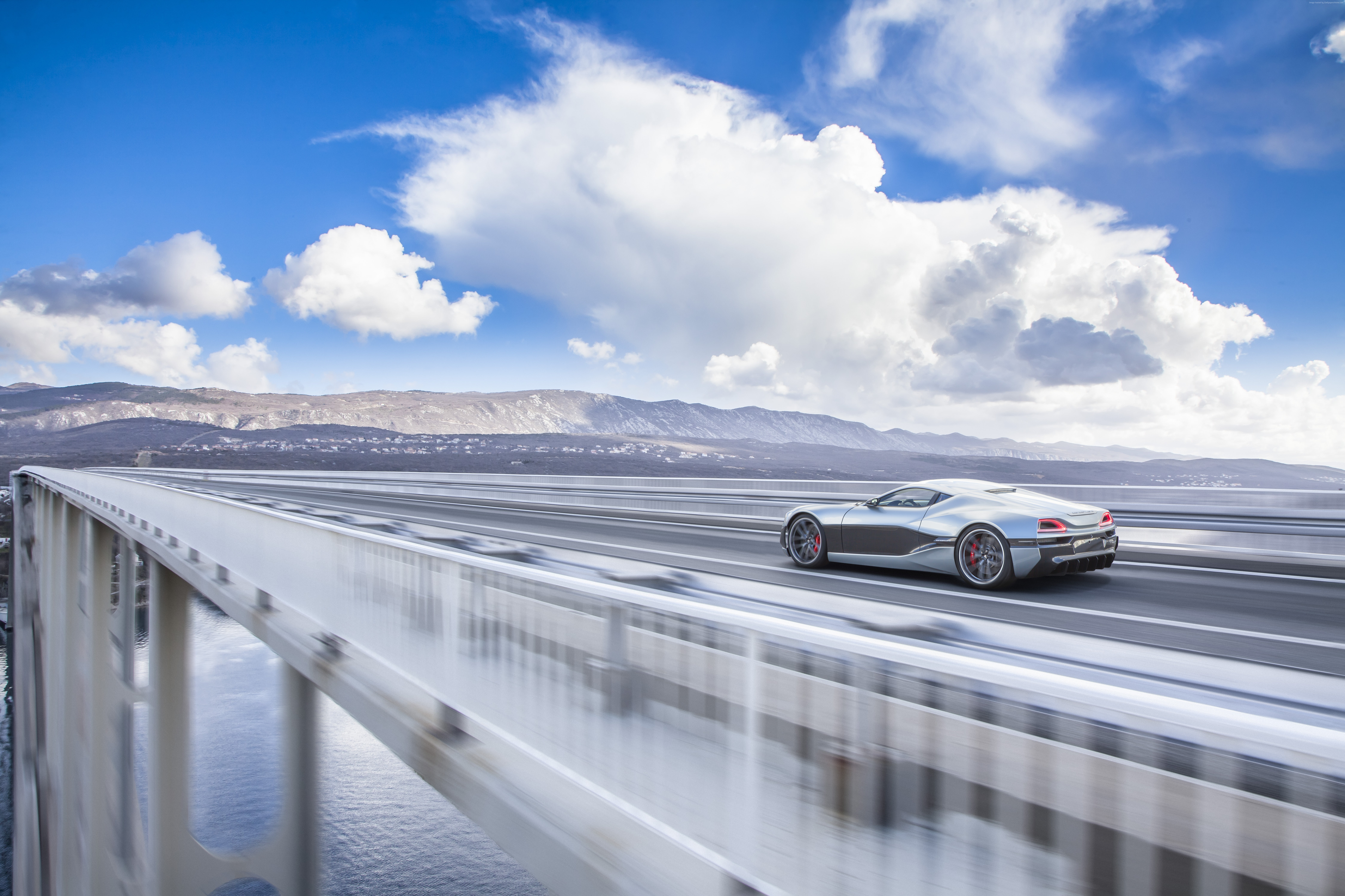 outdoors, electric, road, supercar, travel, motor vehicle, railing, cloud - sky, speed, sky, electric cars, car, mode of transportation, nature, mountain range, HD Wallpaper