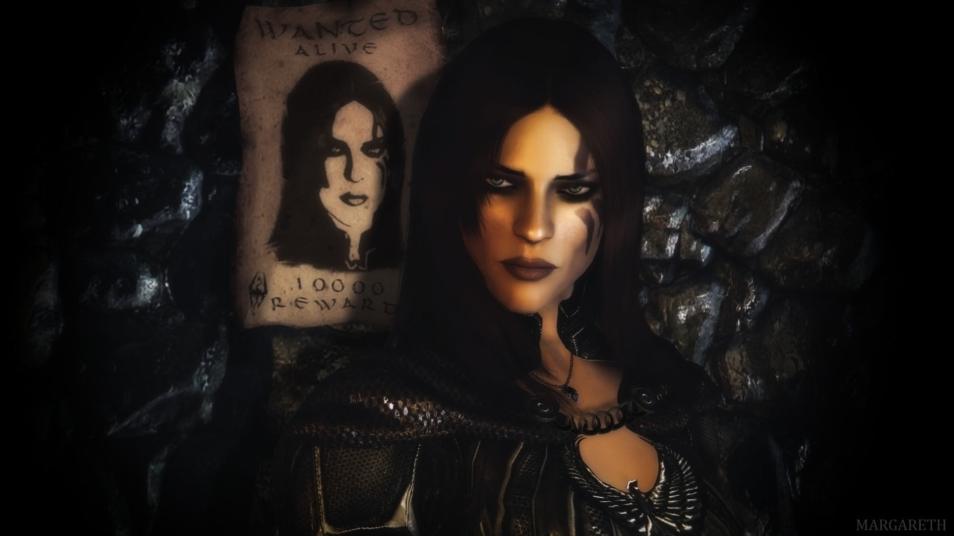 text, hairstyle, young adult, young women, Wanted Posters, one person, portrait, dark, night, beautiful woman, Thief, human body part, human skeleton, The Elder Scrolls V: Skyrim, HD Wallpaper
