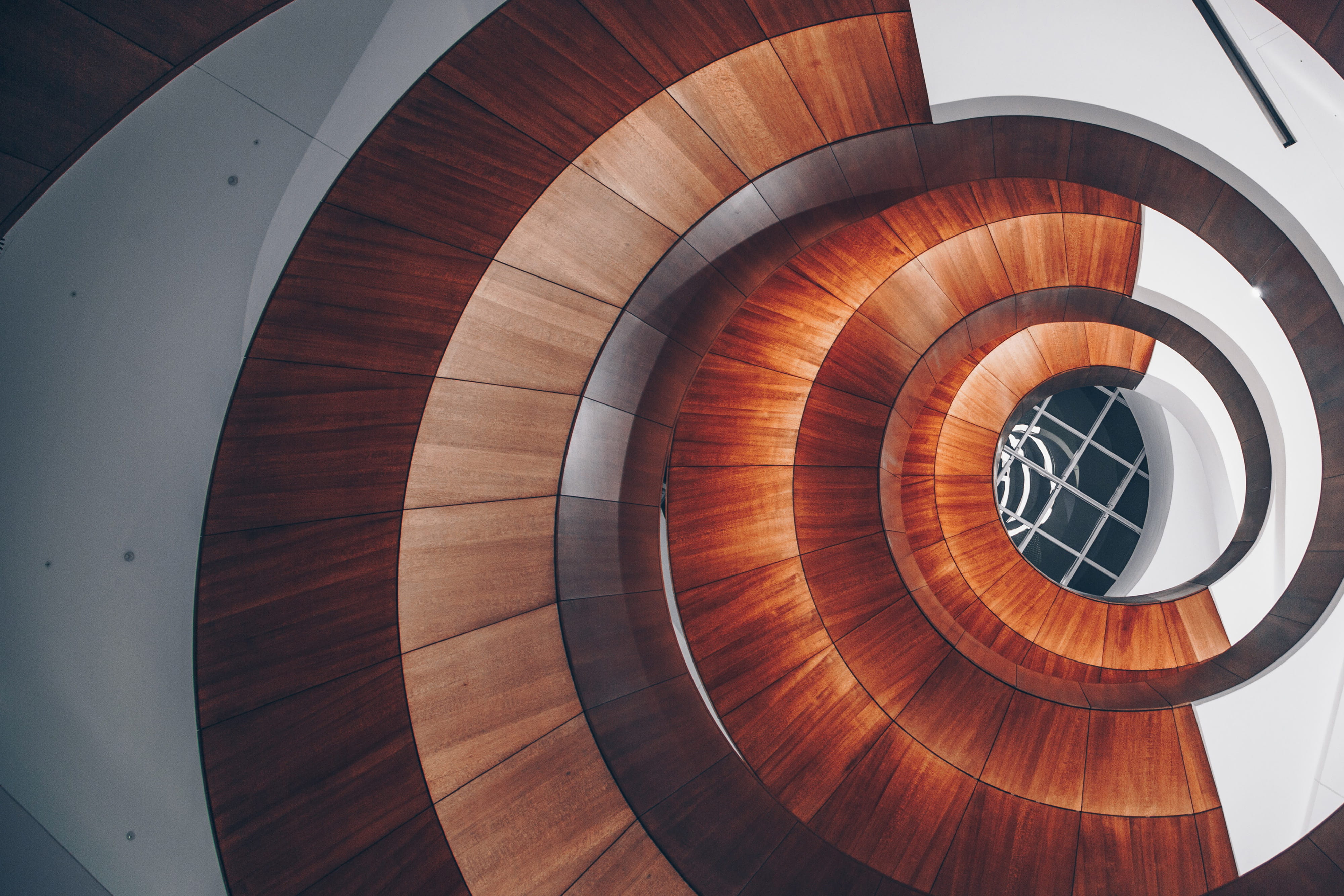 day, shape, no people, indoors, wood - material, geometric shape, architecture, built structure, spiral staircase, curve, staircase, circle, railing, 4K, HD Wallpaper