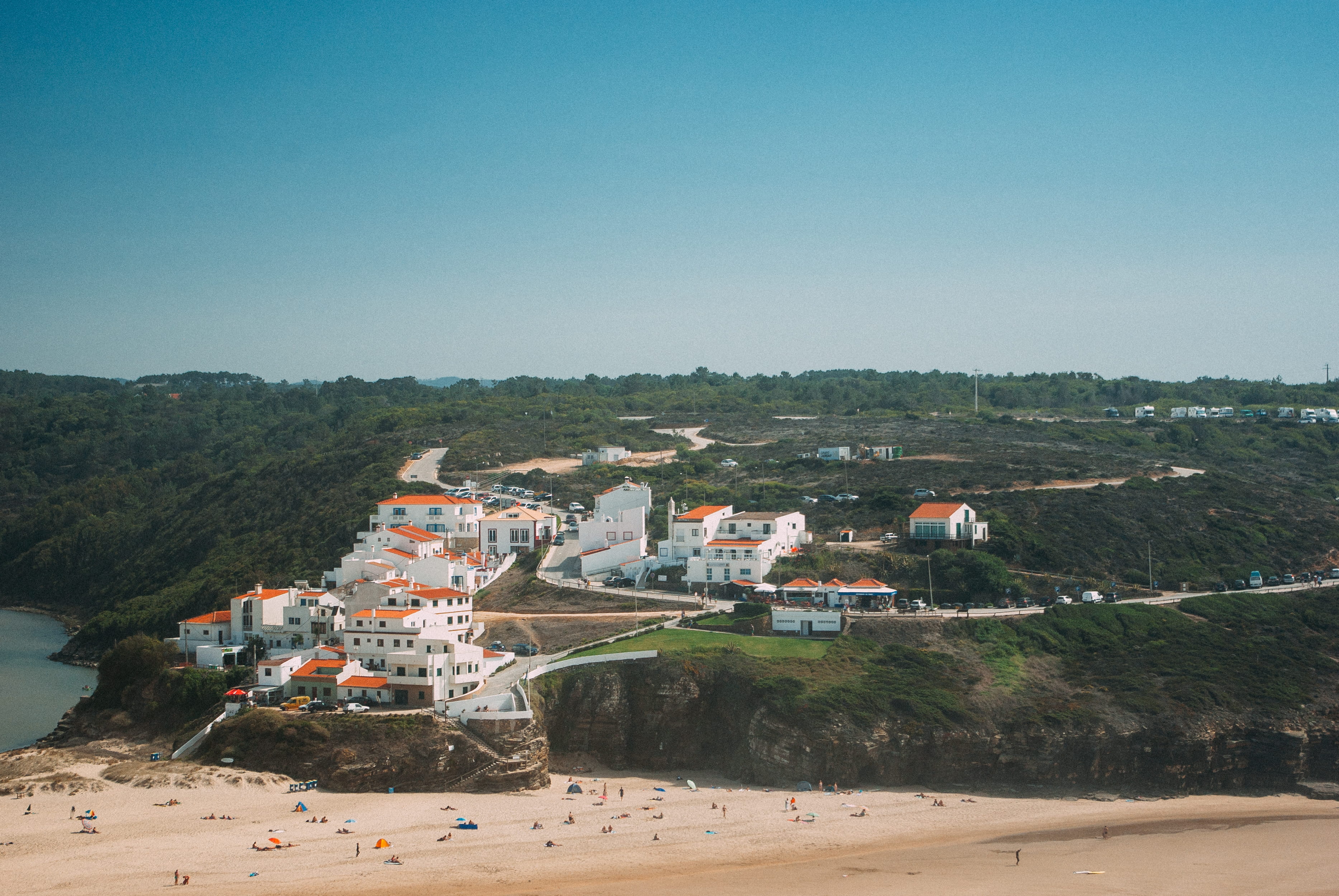 building, building exterior, clear sky, cityscape, sky, coast, vila nova de milfontes, ocean, architecture, nature, harbor, land, scenery, outdoors, aerial view, HD Wallpaper