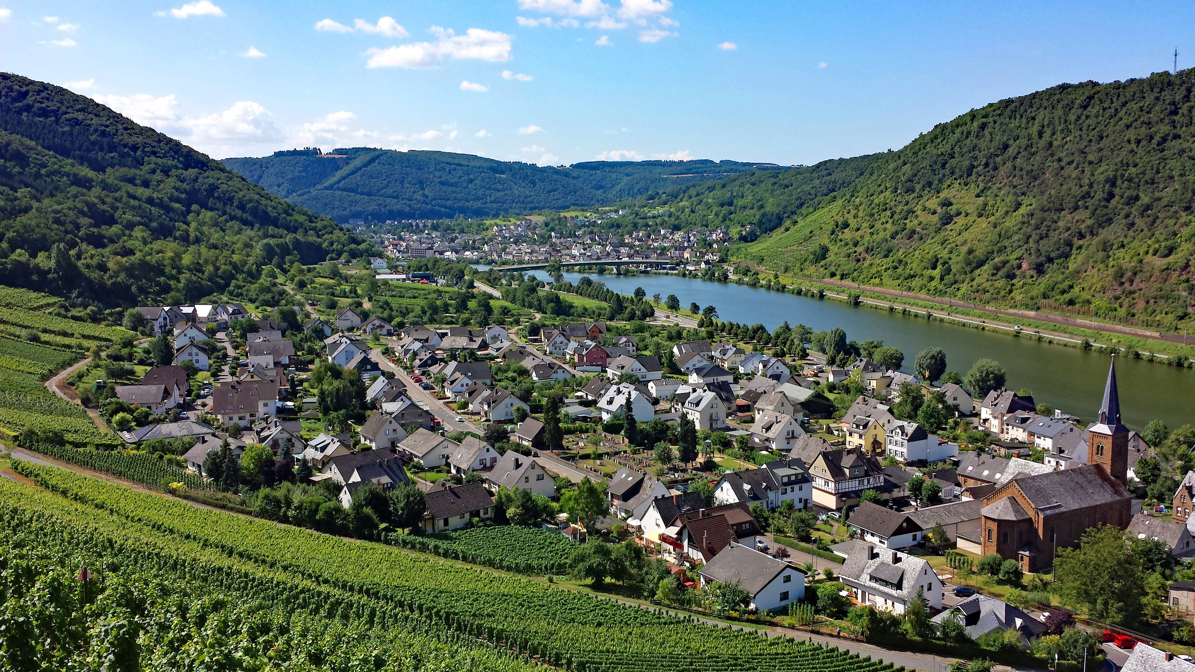 city, village, farm, sky, Alkene, Germany, agriculture, beauty in nature, plant, architecture, mountain range, house, townscape, Mosel, vine, water, holiday, HD Wallpaper
