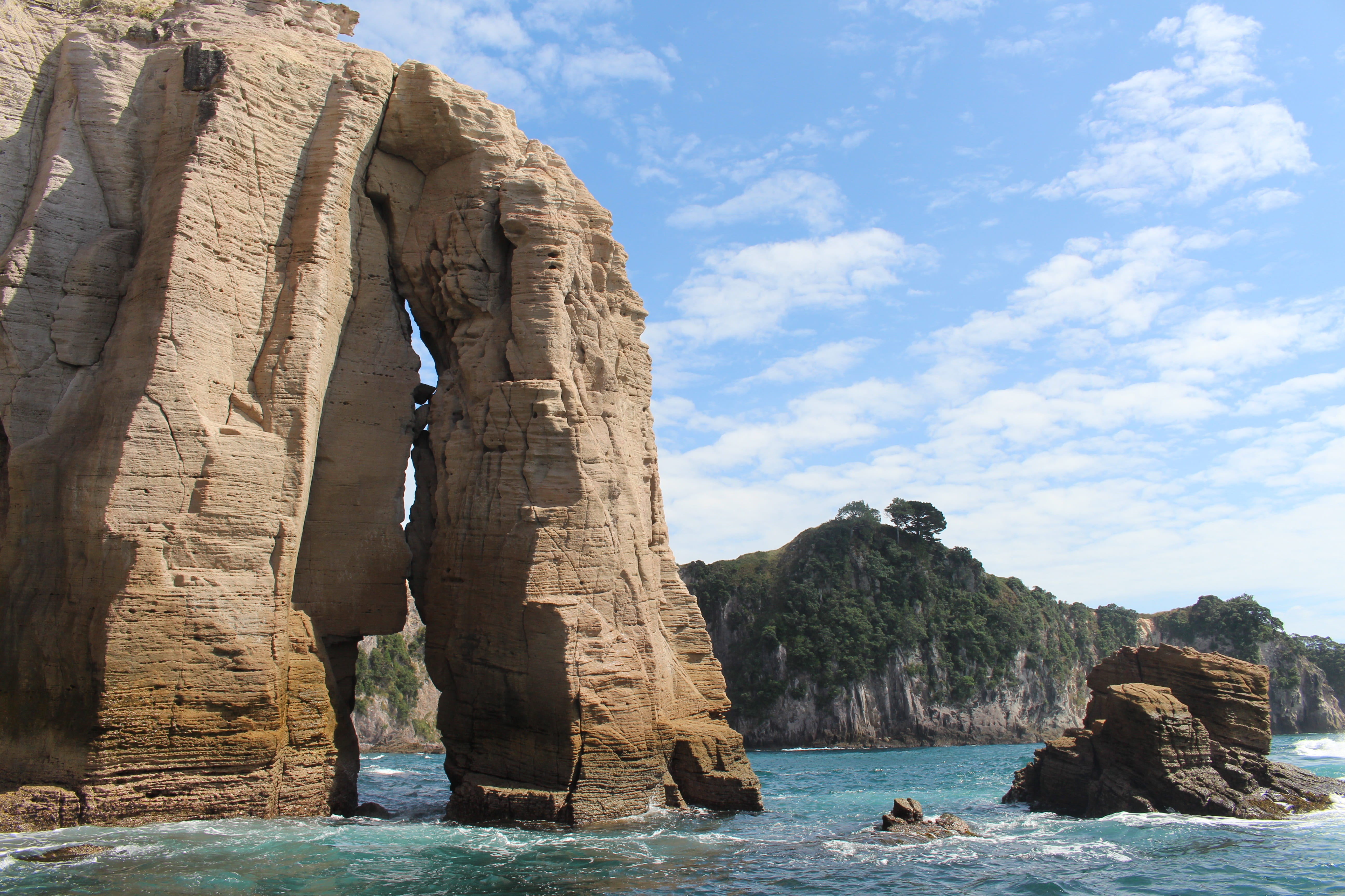 solid, architecture, stones, Sea, New Zealand, north island, blue, Nature, travel destinations, Wave, out, whitianga, travel, cloud - sky, rock formation, HD Wallpaper