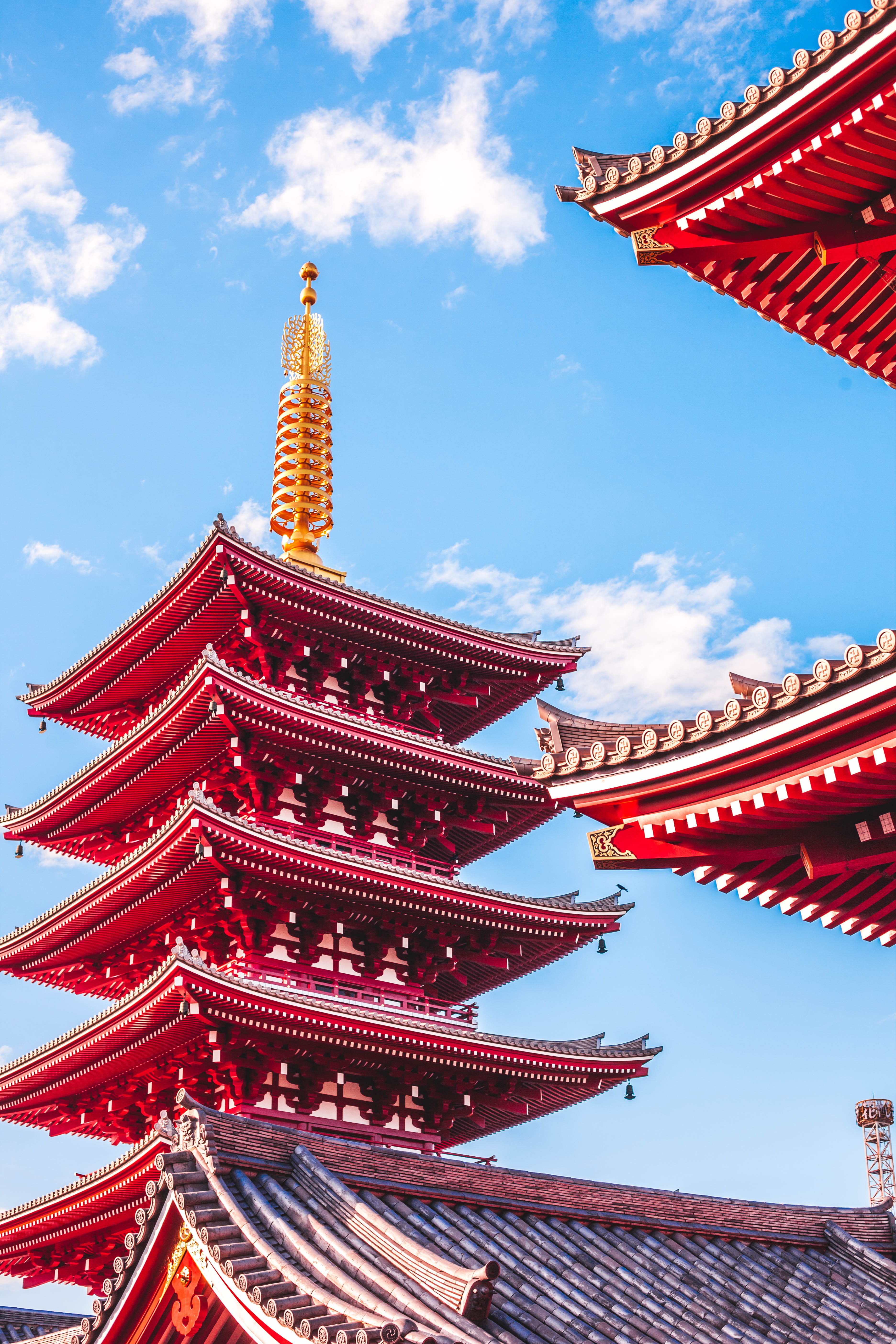 religion, place of worship, cloud, explore, building, 5K, building exterior, outdoors, blue, low angle view, golden, tokyo, travel, spirituality, shrine, Phone HD Wallpaper