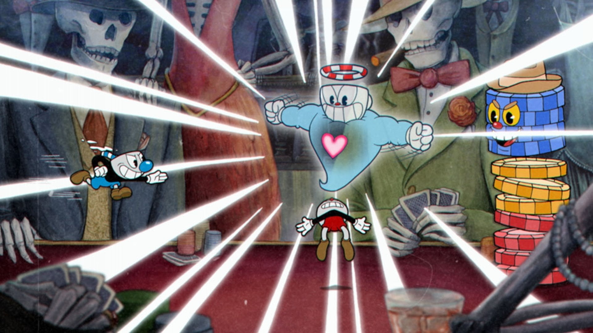 built structure, city, Video Game, Cuphead, street art, bicycle, mode of transportation, indoors, creativity, travel, graffiti, 1080P, Mugman (Cuphead), HD Wallpaper
