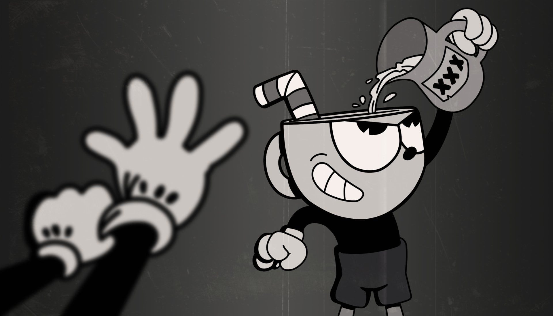 communication, indoors, wall, graffiti, male likeness, design, representation, wall - building feature, close-up, no people, cartoon, 1080P, night, Cuphead, HD Wallpaper
