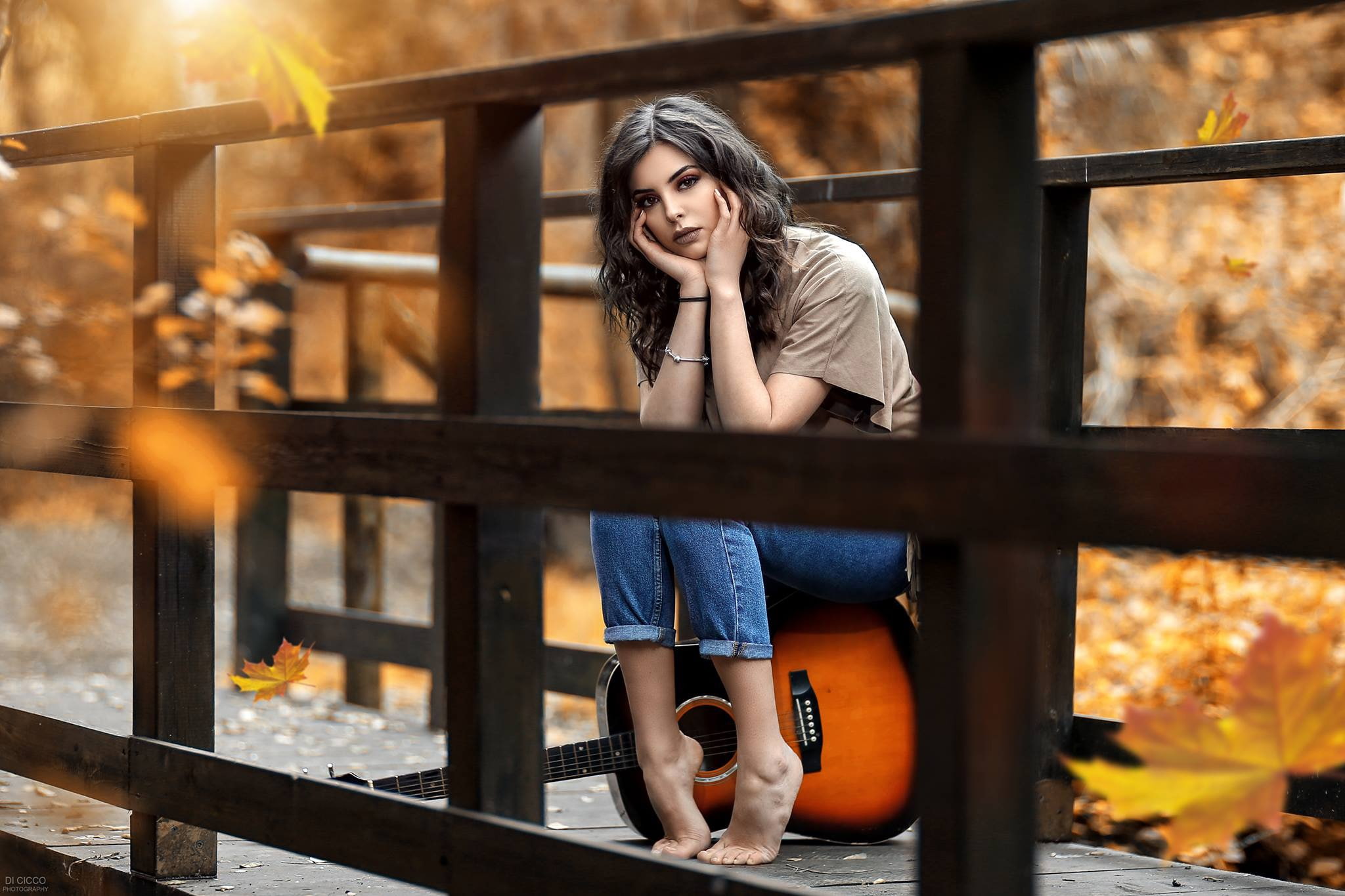 girl, autumn, leaves, 1080P, guitar, Alessandro Di Cicco, bridge, mood, HD Wallpaper