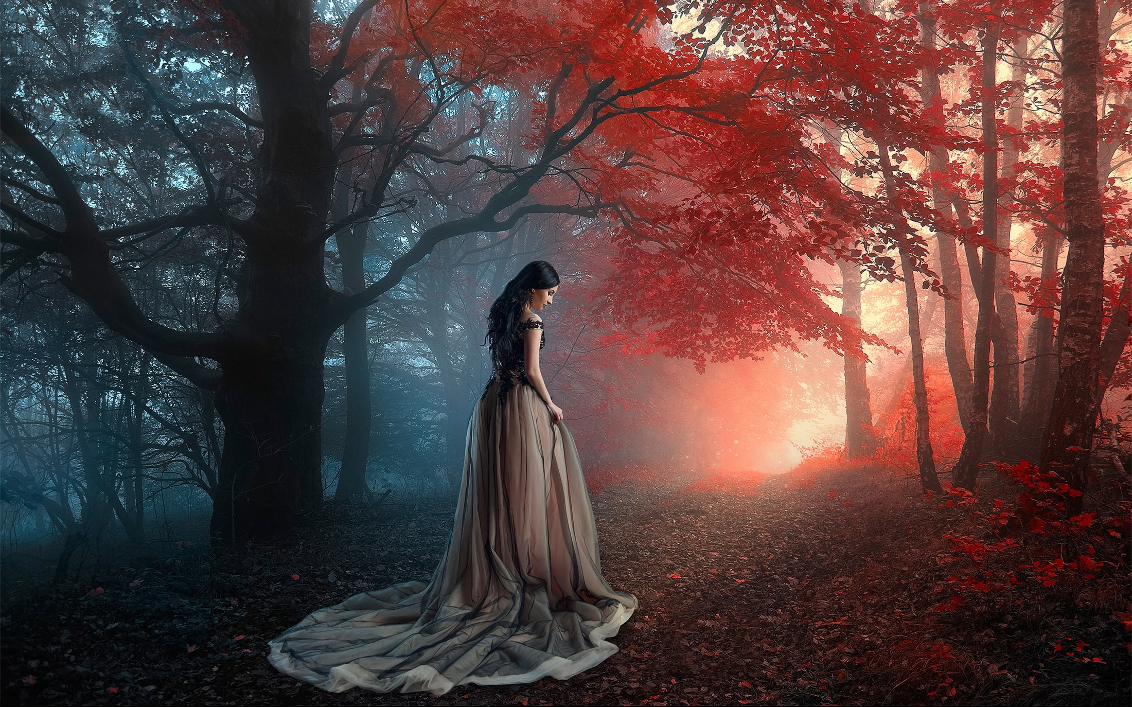 forest, trees, mood, 1080P, autumn, girl, Renat Khismatulin, dress, HD Wallpaper