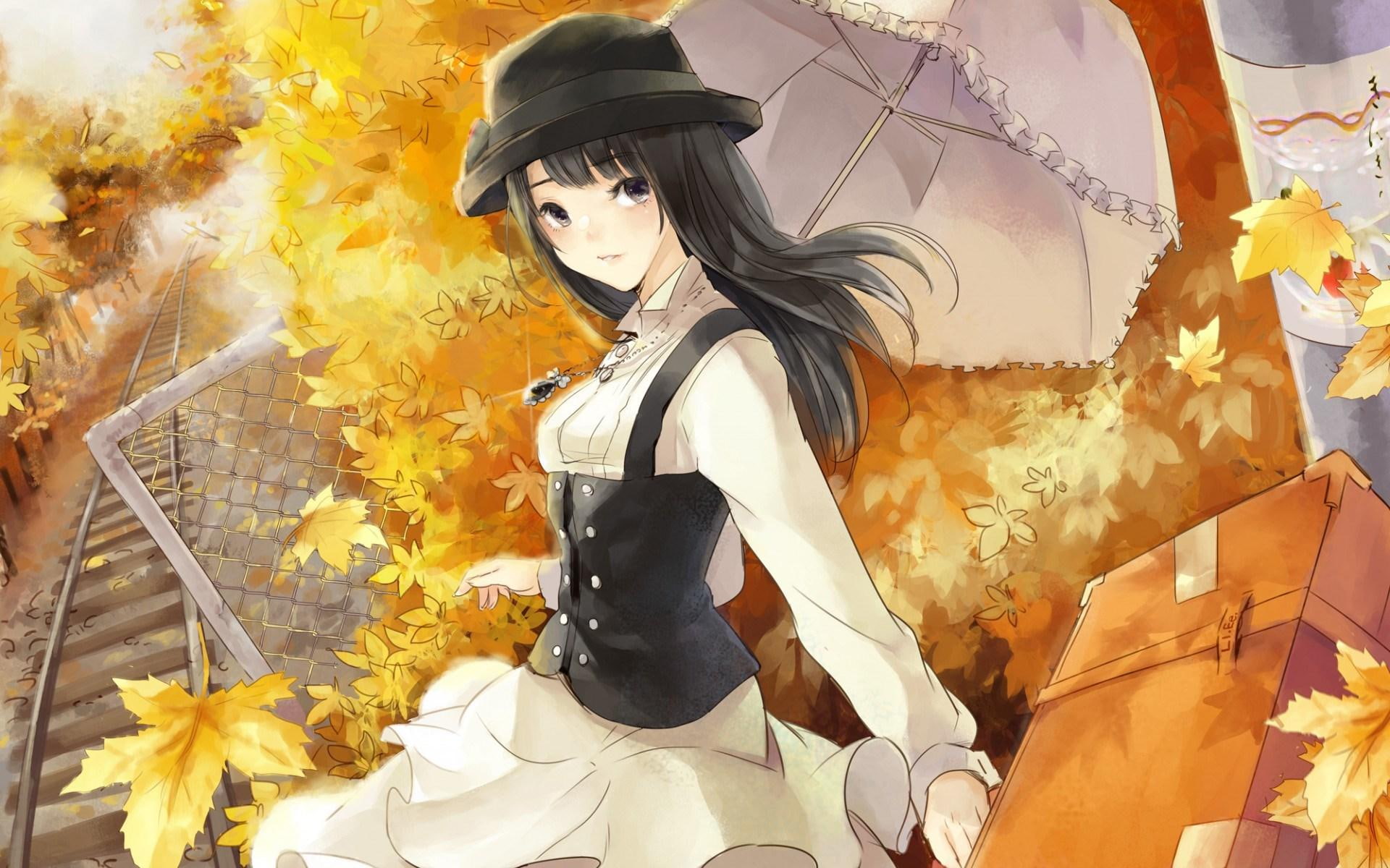 1080P, girl, art, umbrella, look, autumn, anime, mood, HD Wallpaper