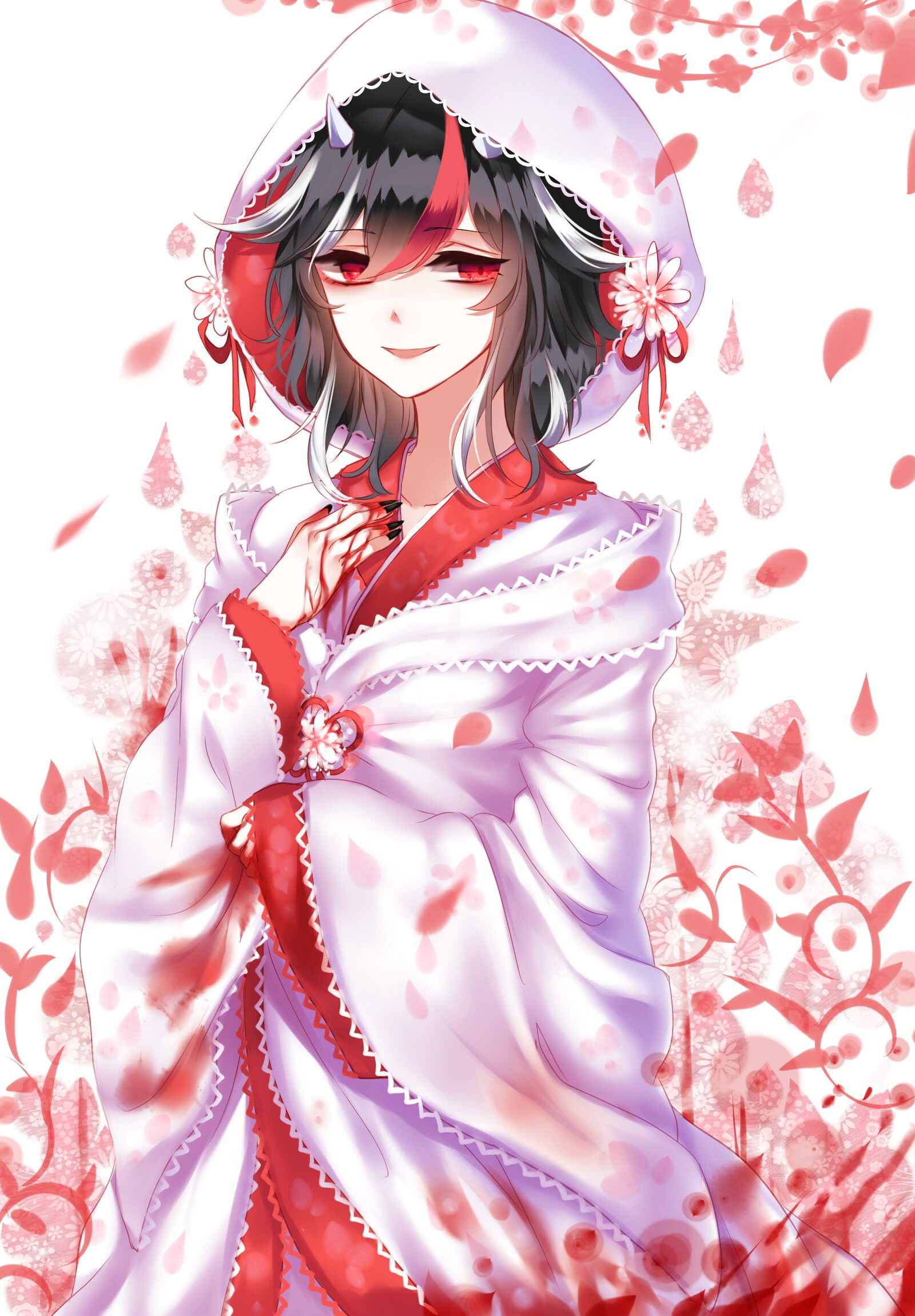 anime girls, horns, gray hair, red eyes, blood, 1080P, Kijin Seija, short hair, anime, Touhou, Phone HD Wallpaper