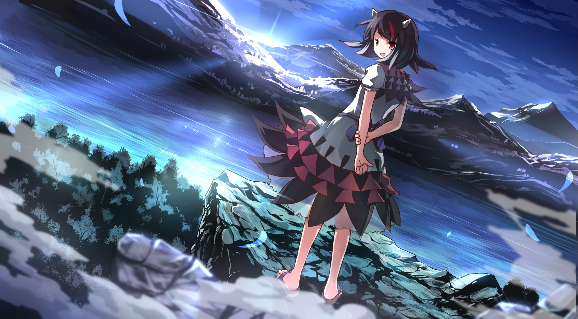 water, hair, 1080P, scenic, risutaru, tree, red, eyes, forest, kijin, horns, black, seija, short, dress, landscape, touhou, HD Wallpaper