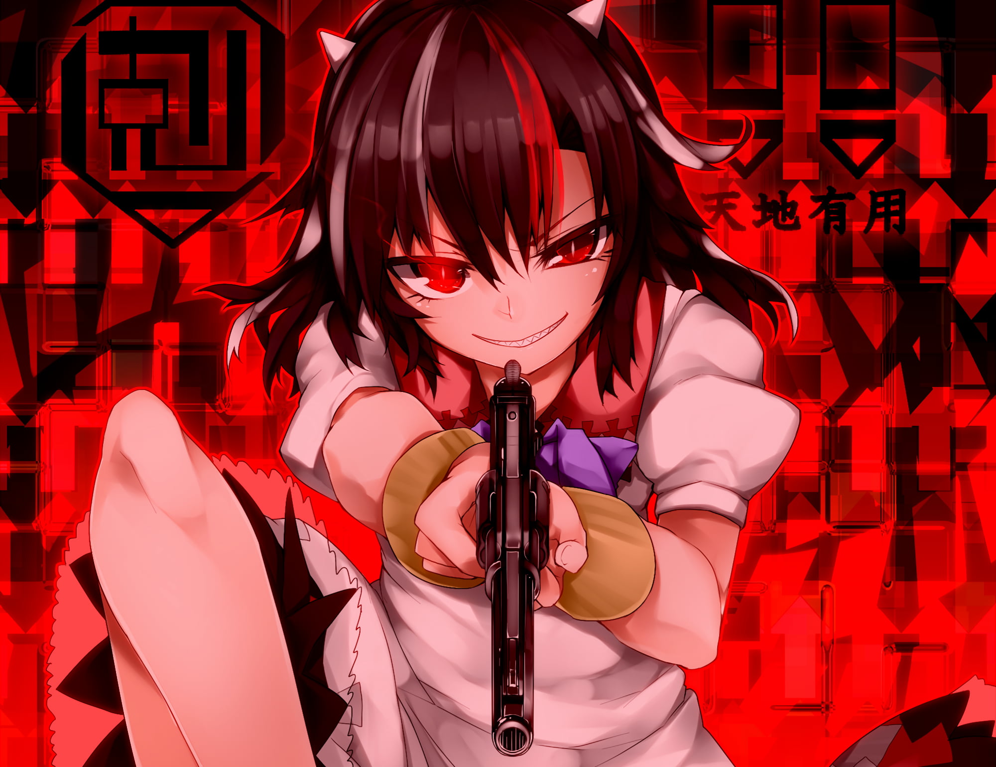 Kijin Seija, horns, multi-colored hair, dress, weapon, 1080P, red eyes, short hair, gun, HD Wallpaper