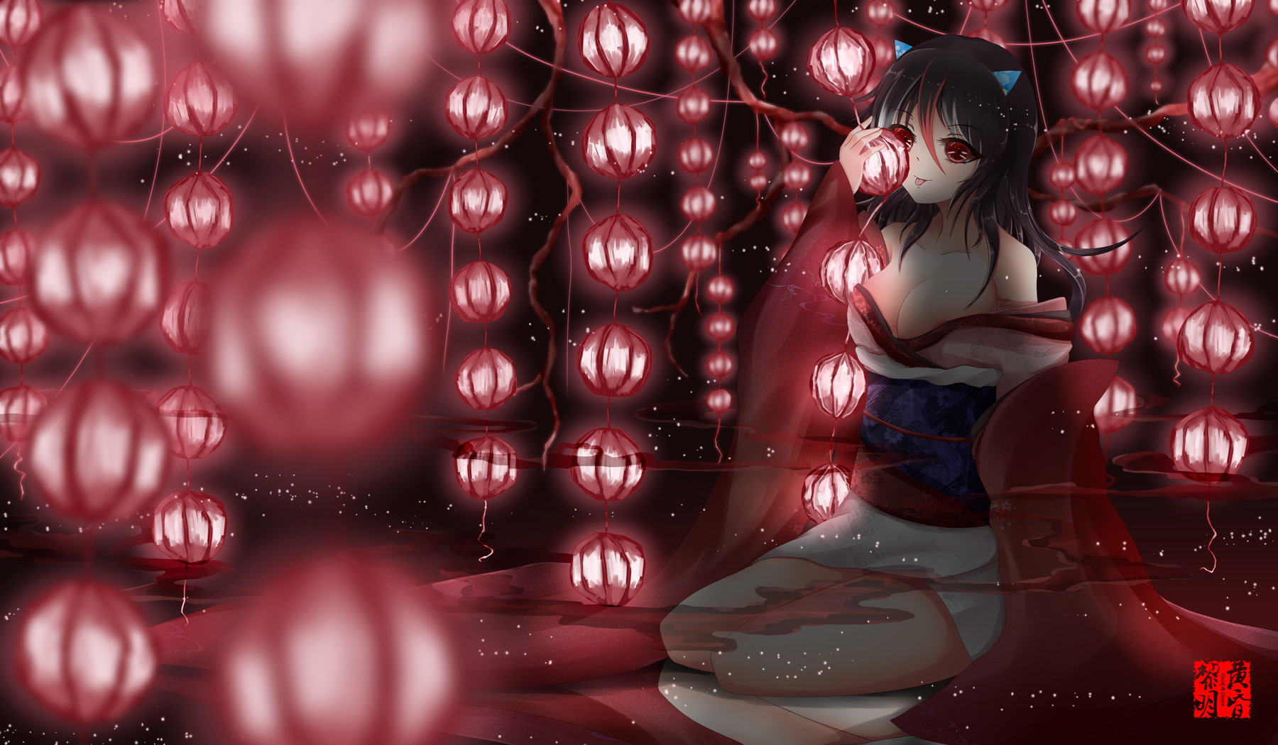 hair, black, eyes, cleavage, japanese, red, kimono, dawn, kijin, dusk, seija, touhou, ears, animal, 720P, clothes, HD Wallpaper