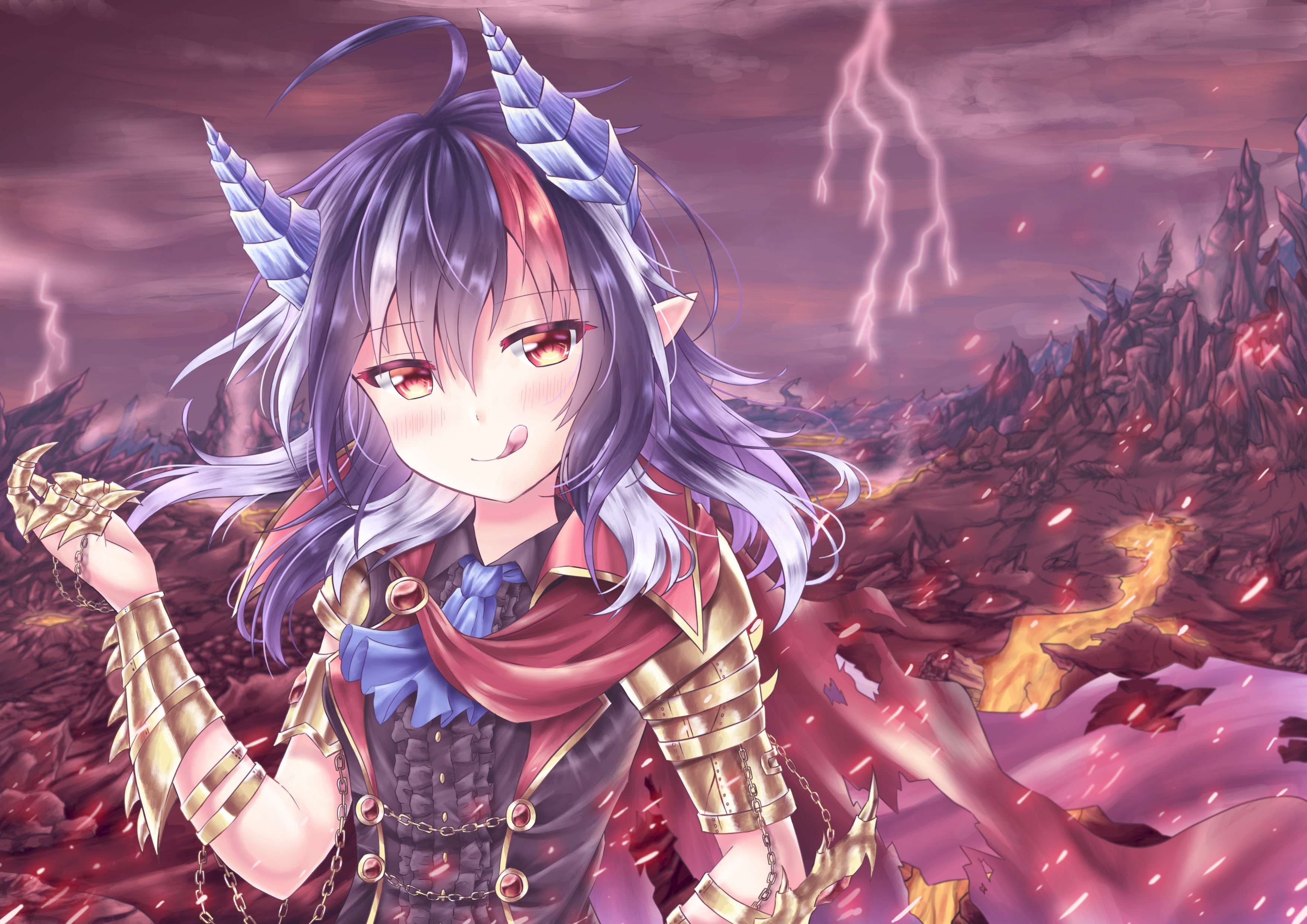 chain, hair, pointed, sky, cape, purple, clouds, blush, orange, kijin, 254225, 2K, konachan, tagme, horns, touhou, armor, long, (artist), seija, com, eyes, HD Wallpaper