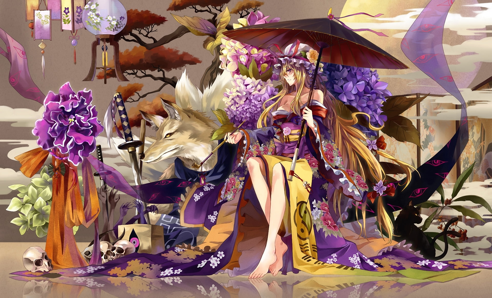 1080P, girl, katana, wood, skull, lamps, yakumo, hydrangea, flowers, sword, jacket, wolf, ran, touhou, chen, yukari, pipe, umbrella, HD Wallpaper
