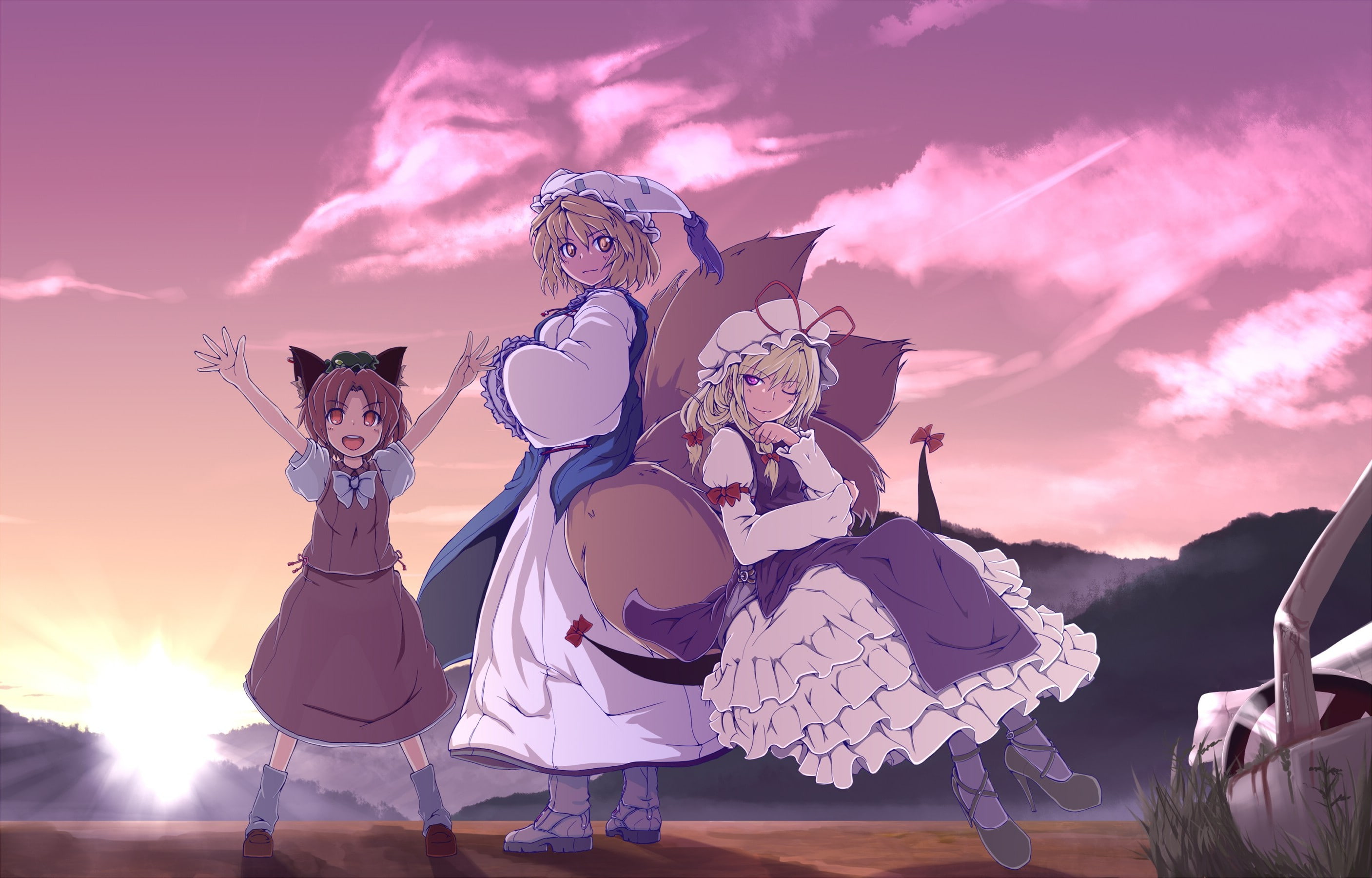 sunset, mammal, outdoors, 2K, Yakumo Yukari, pink color, cloud - sky, costume, tail, young adult, Yakumo Ran, Anime Girls, purple, dress, Chen, women, HD Wallpaper