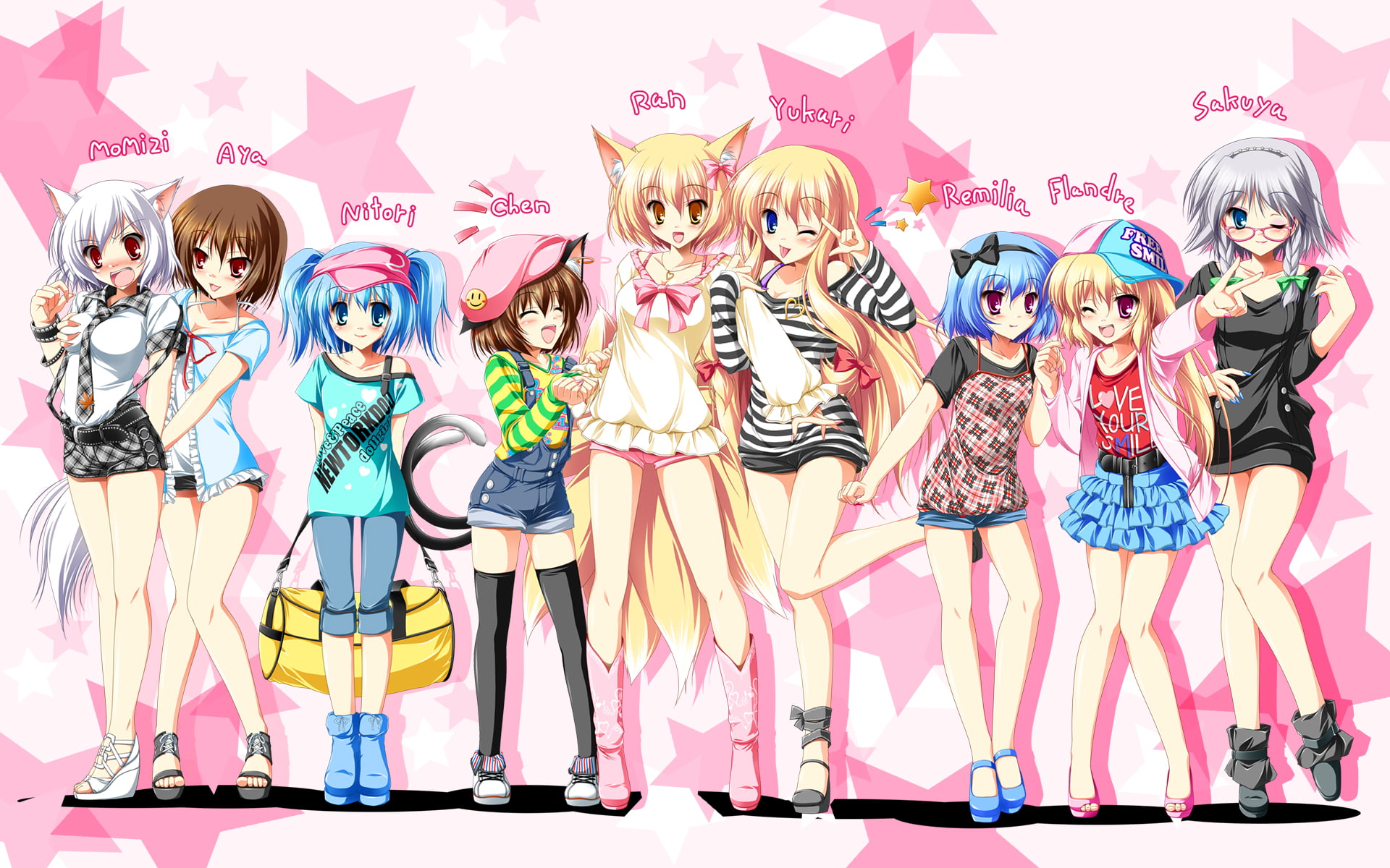 Sakuya Izayoi, Chen (Touhou), Nitori Kawashiro, Touhou, 1080P, Momiji Inubashiri, Aya Shameimaru, Remilia Scarlet, Flandre Scarlet, Anime, Ran Yakumo, HD Wallpaper