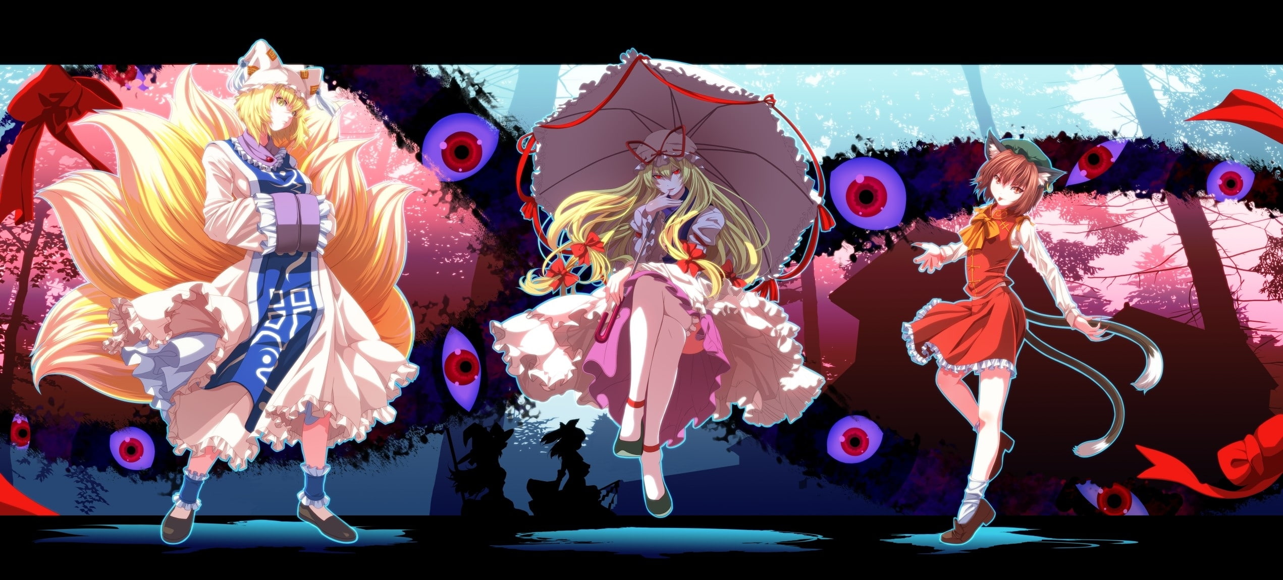eyes, art, nekomimi, umbrella, yakumo, animal, umbrellas, chen, 1080P, blondes, touhou, dress, hd, ran, red, tails, yukari, ears, ani, HD Wallpaper