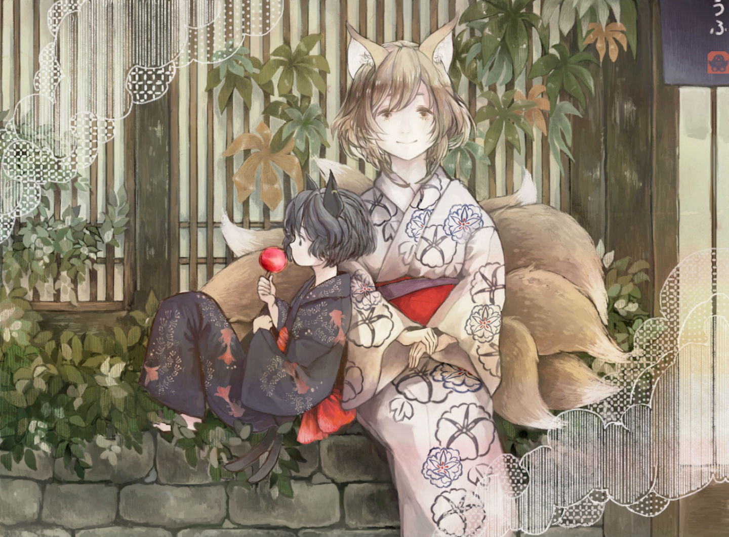 chen, mi so, mask, clothes, touhou, ears, apple, ran, animal, girls, kimono, catgirl, yukata, eyes, tail, hair, brown, blonde, yakumo, 720P, japanese, HD Wallpaper