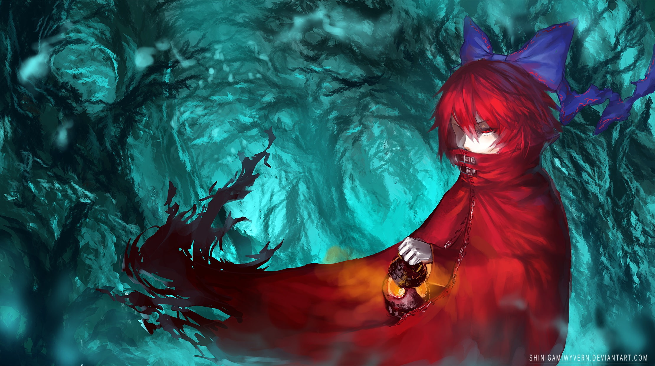 1080P, cape, short, touhou, hair, tagme, ribbons, red, sekibanki, bow, blue, tree, eyes, forest, HD Wallpaper